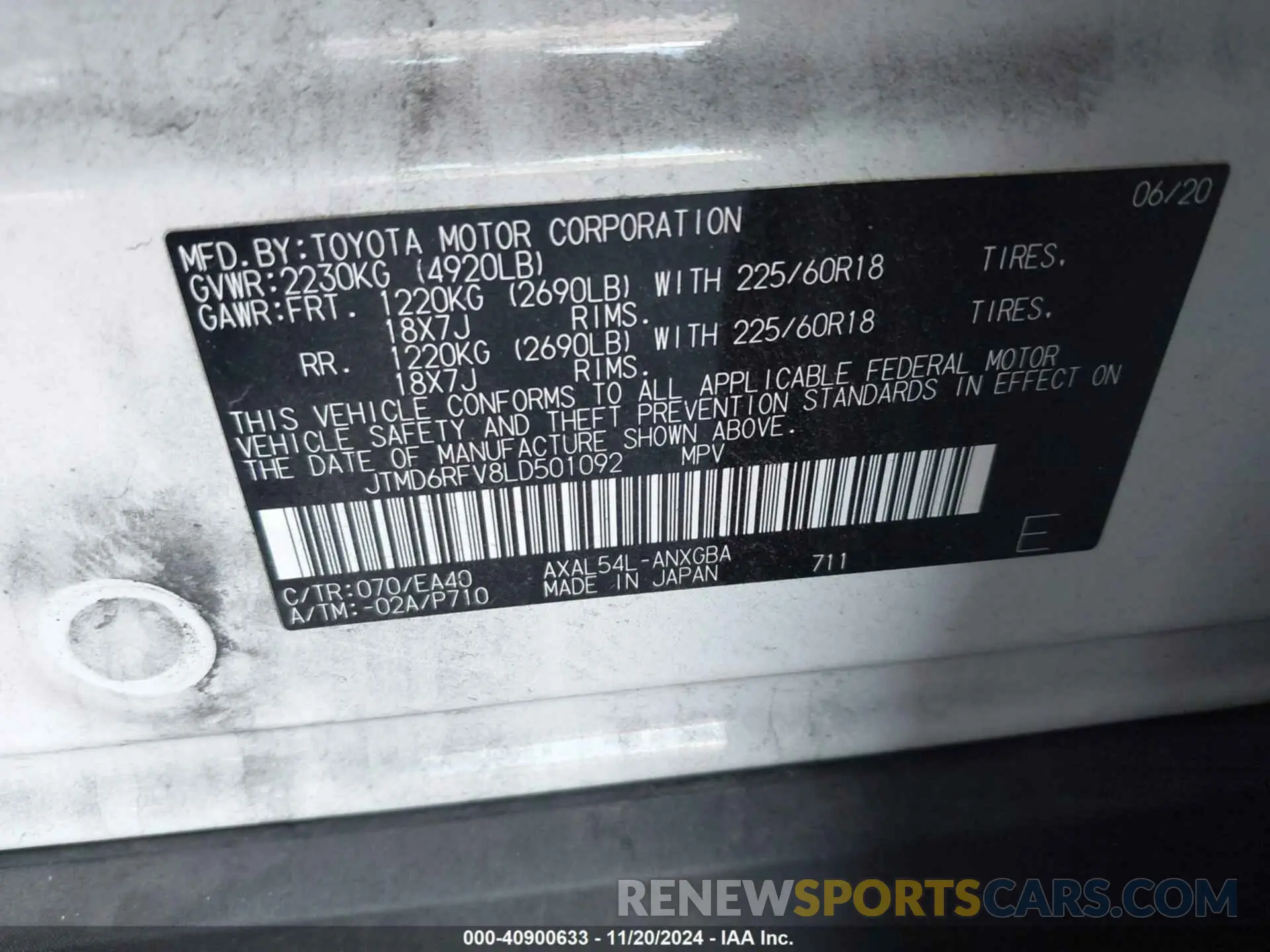 9 Photograph of a damaged car JTMD6RFV8LD501092 TOYOTA RAV4 HYBRID 2020