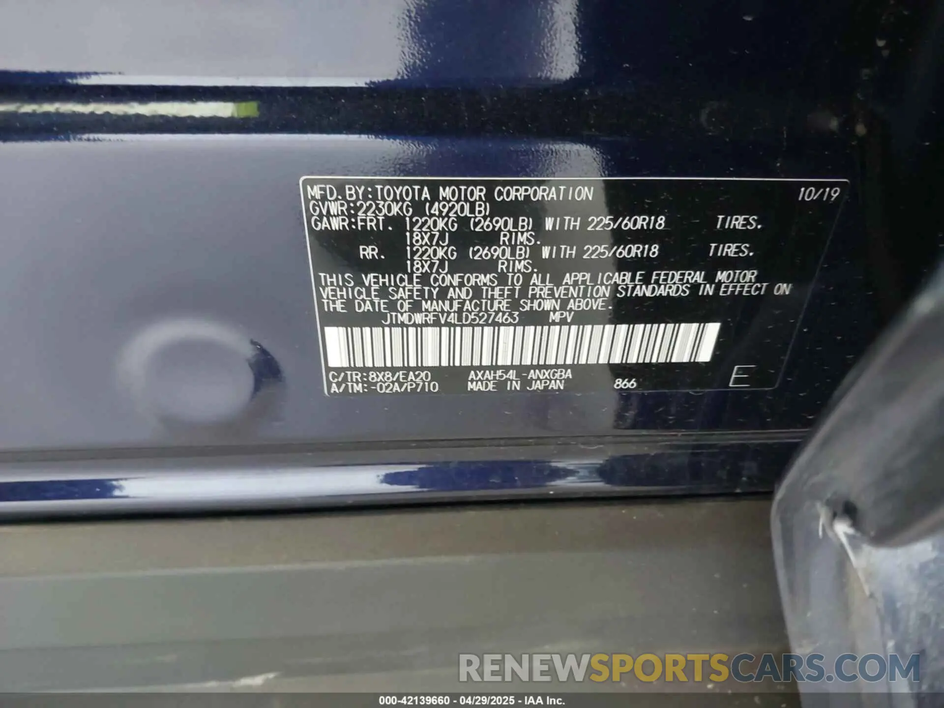 9 Photograph of a damaged car JTMDWRFV4LD527463 TOYOTA RAV4 HYBRID 2020