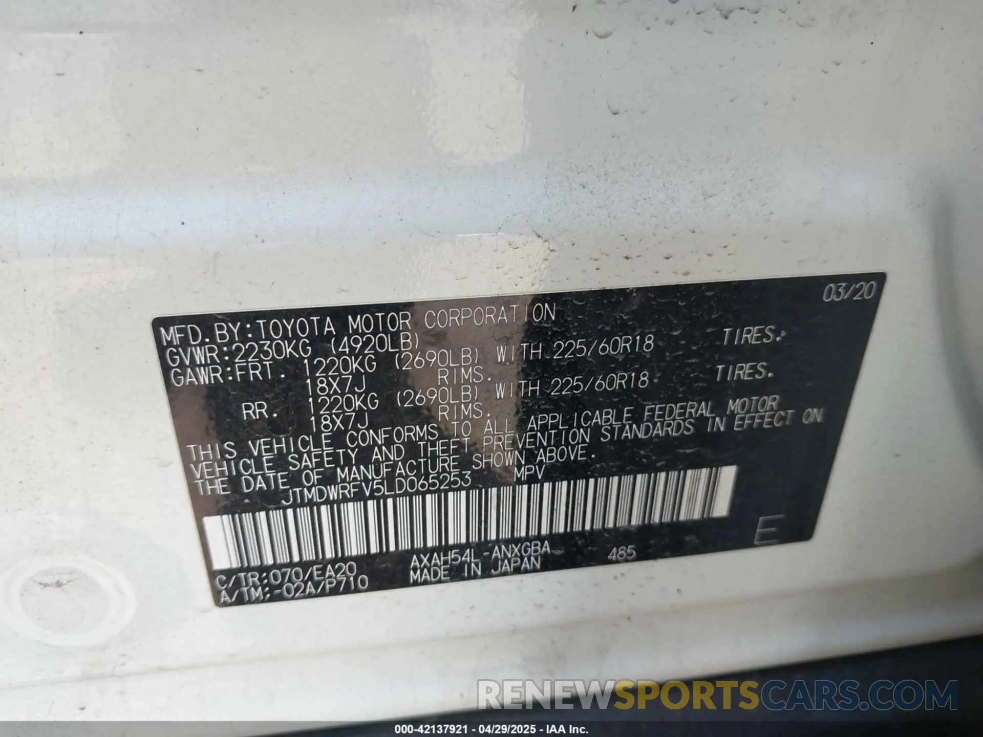 9 Фотография поврежденного автомобиля JTMDWRFV5LD065253 TOYOTA RAV4 HYBRID 2020