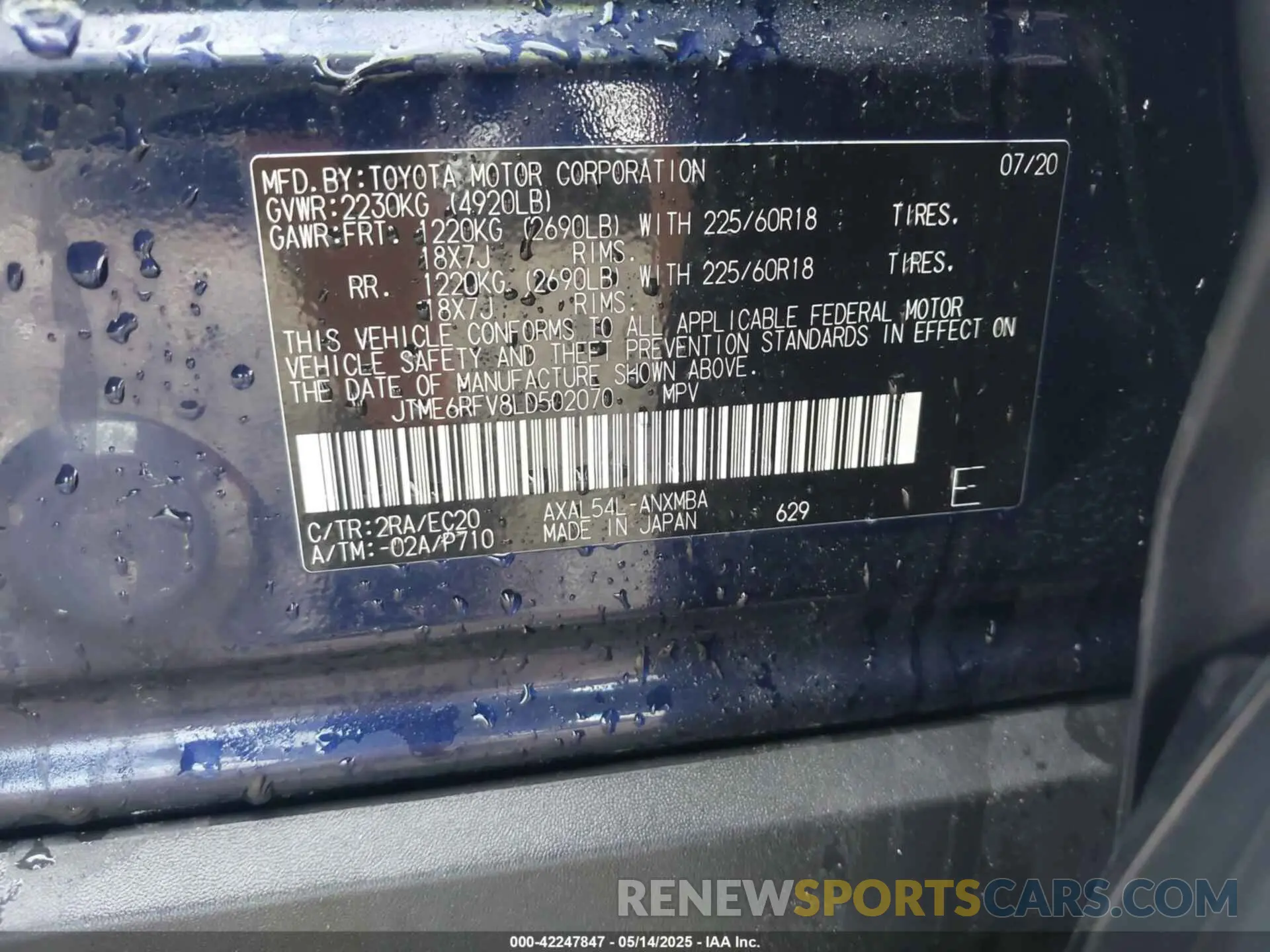 9 Photograph of a damaged car JTME6RFV8LD502070 TOYOTA RAV4 HYBRID 2020
