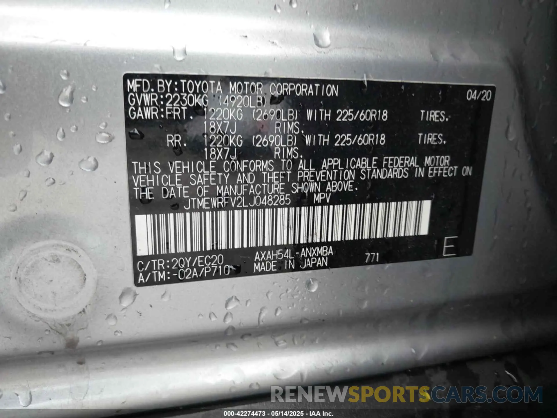 9 Фотография поврежденного автомобиля JTMEWRFV2LJ048285 TOYOTA RAV4 HYBRID 2020
