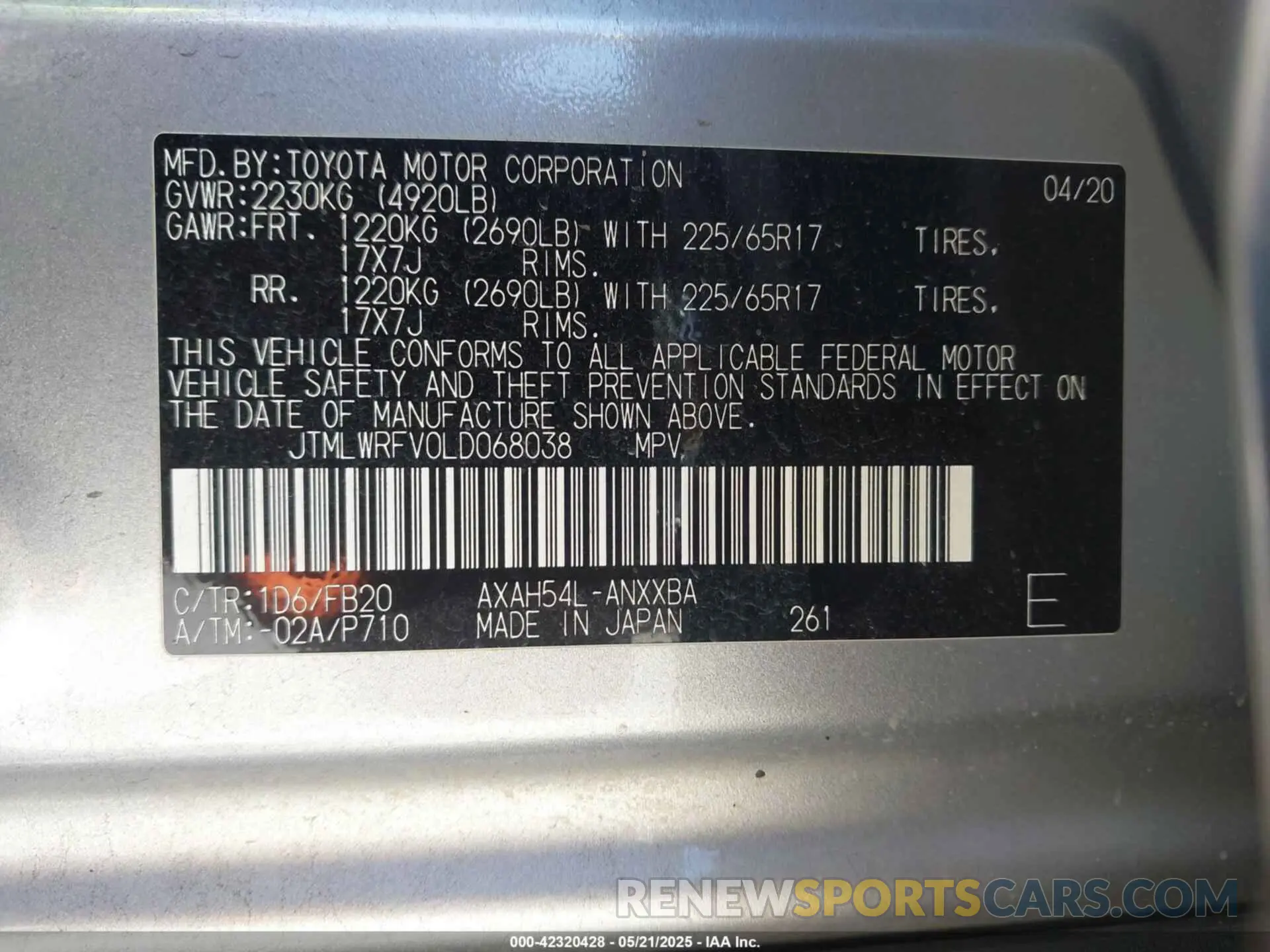 9 Photograph of a damaged car JTMLWRFV0LD068038 TOYOTA RAV4 HYBRID 2020