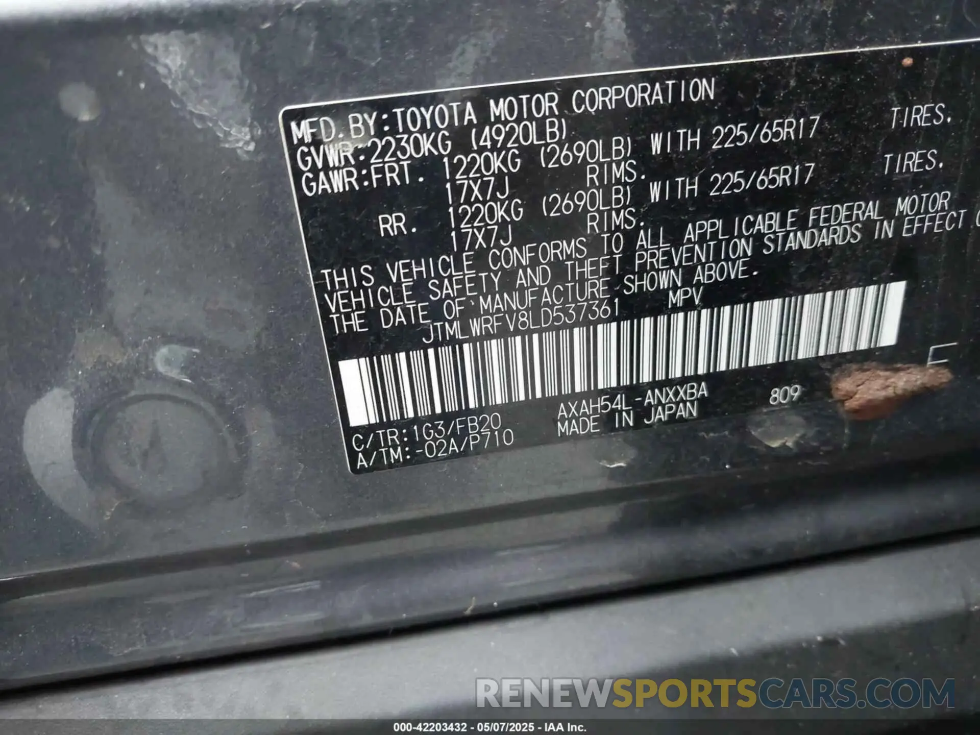 9 Photograph of a damaged car JTMLWRFV8LD537361 TOYOTA RAV4 HYBRID 2020