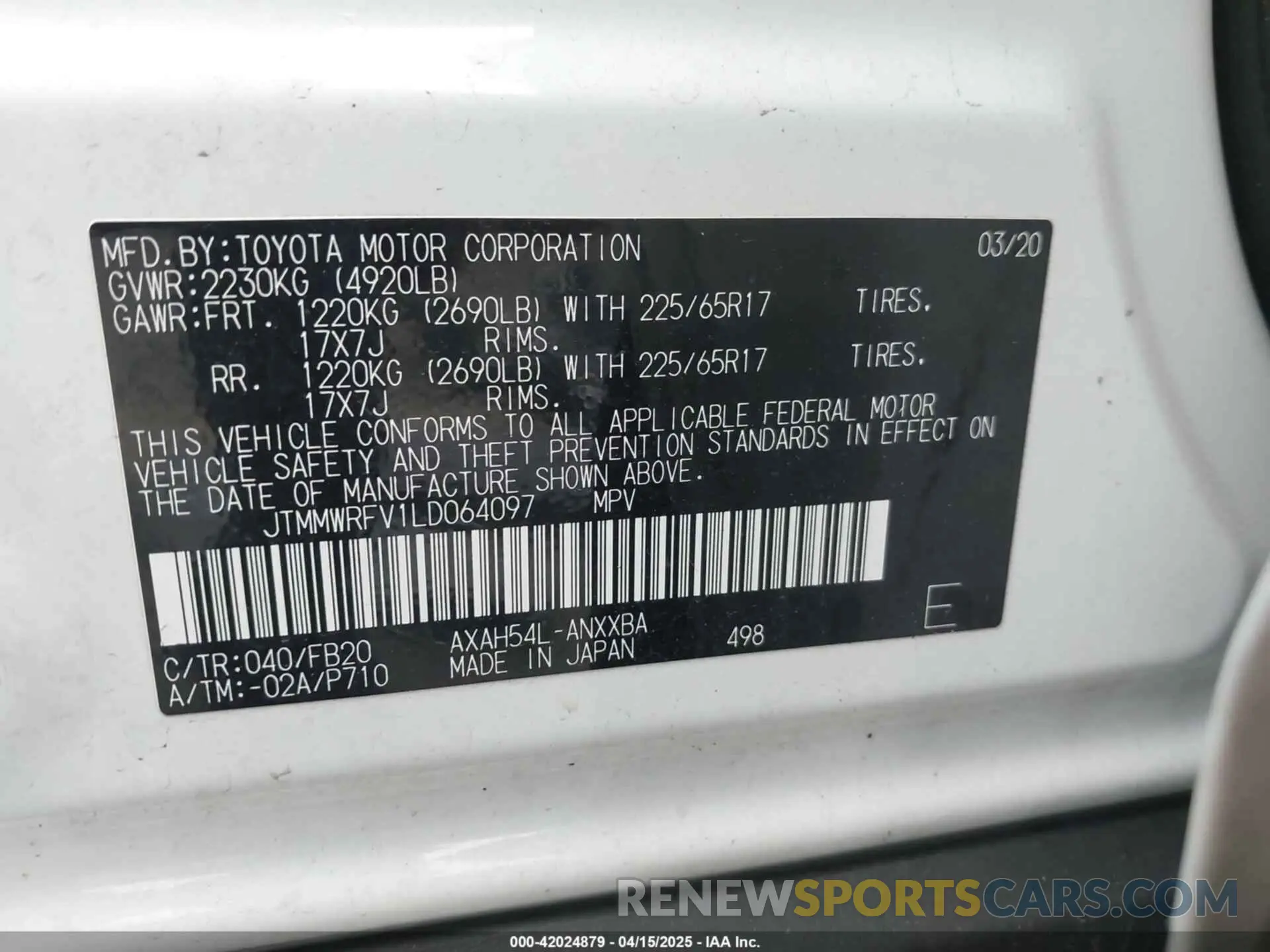 9 Photograph of a damaged car JTMMWRFV1LD064097 TOYOTA RAV4 HYBRID 2020