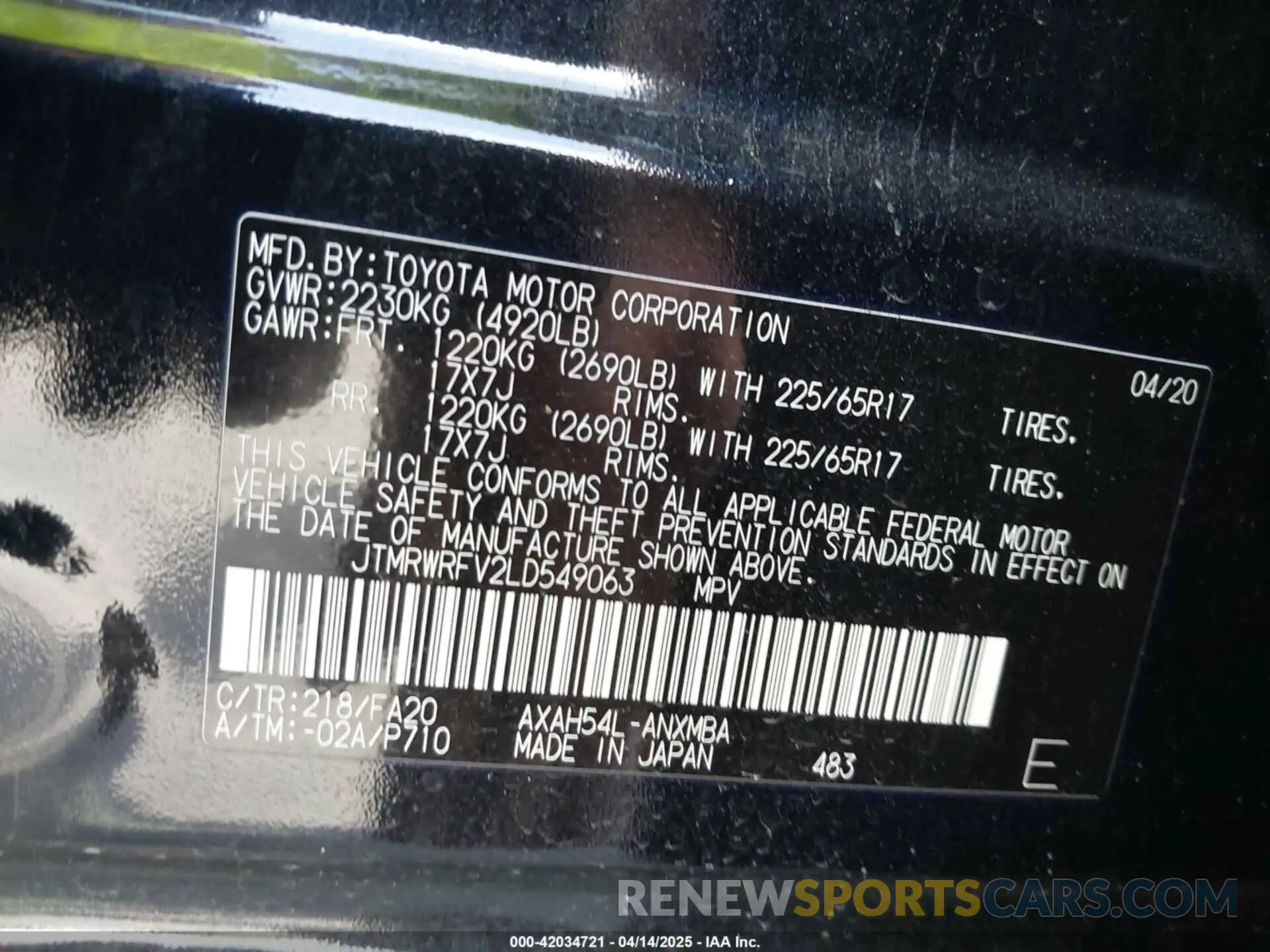 9 Photograph of a damaged car JTMRWRFV2LD549063 TOYOTA RAV4 HYBRID 2020