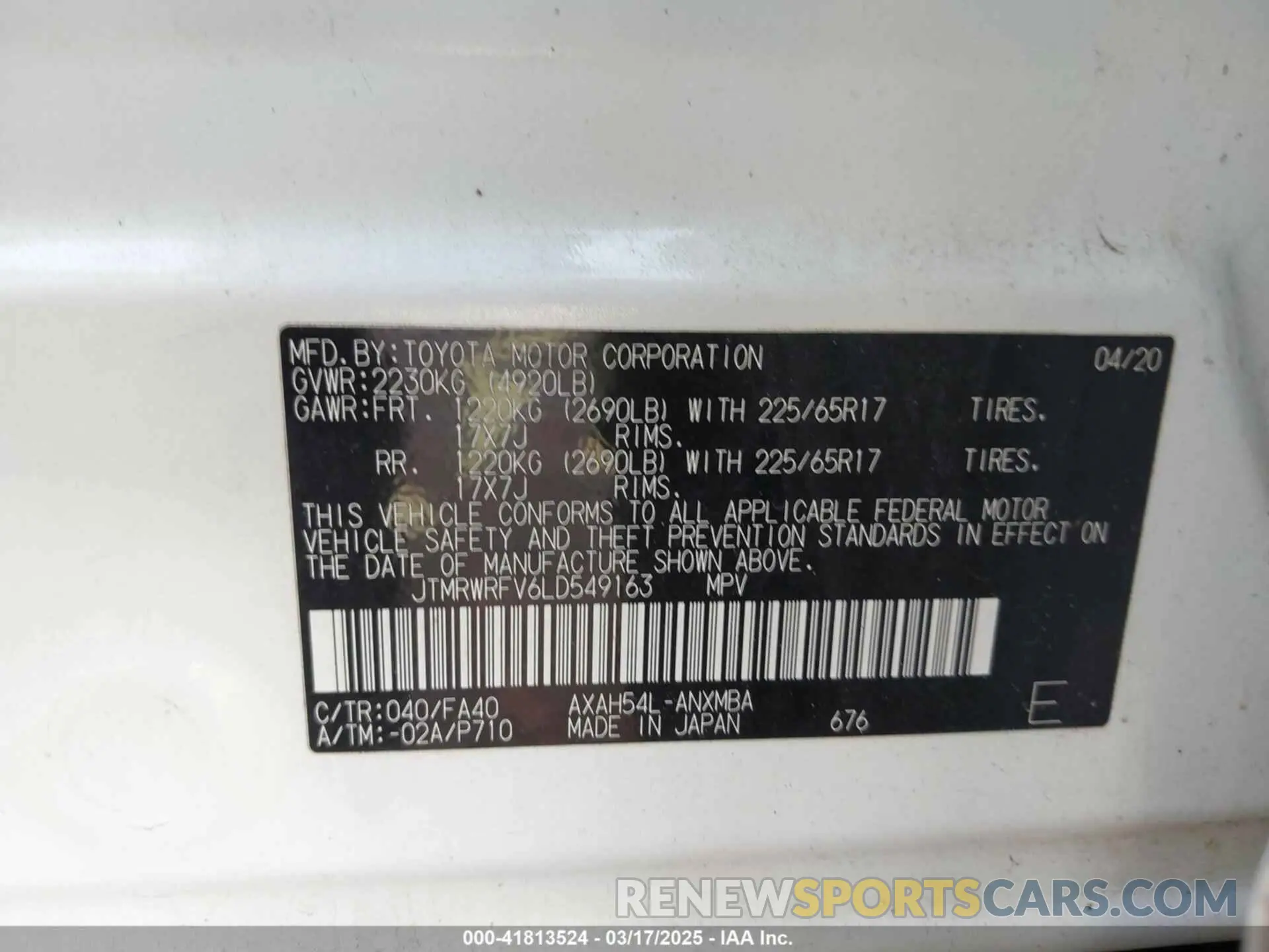 9 Фотография поврежденного автомобиля JTMRWRFV6LD549163 TOYOTA RAV4 HYBRID 2020