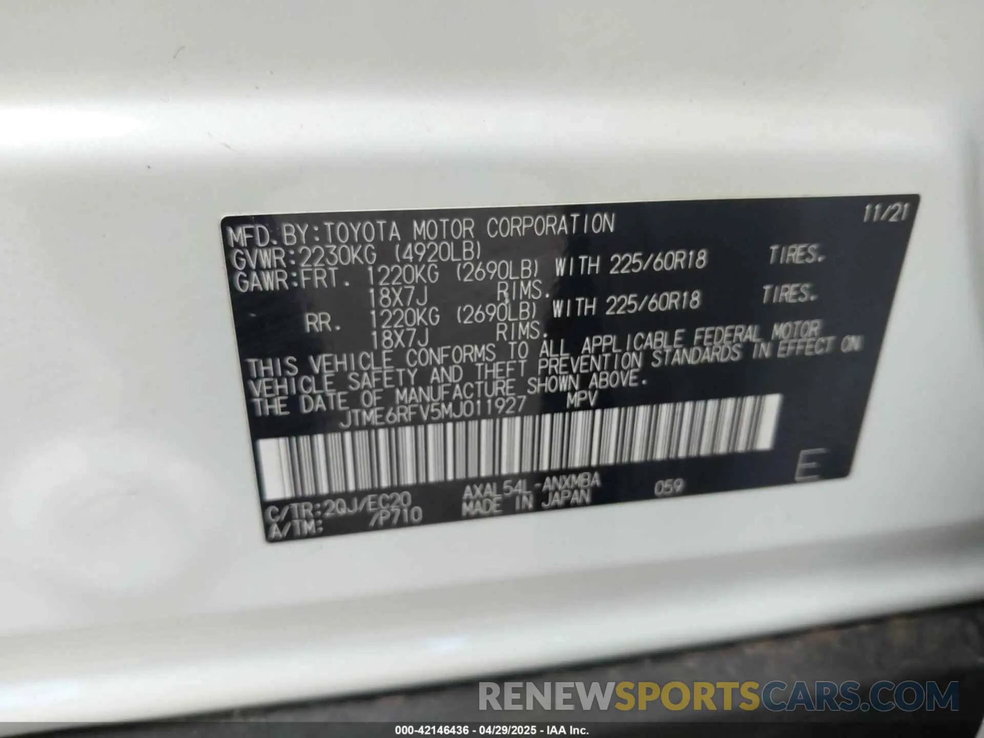 9 Фотография поврежденного автомобиля JTME6RFV5MJ011927 TOYOTA RAV4 HYBRID 2021