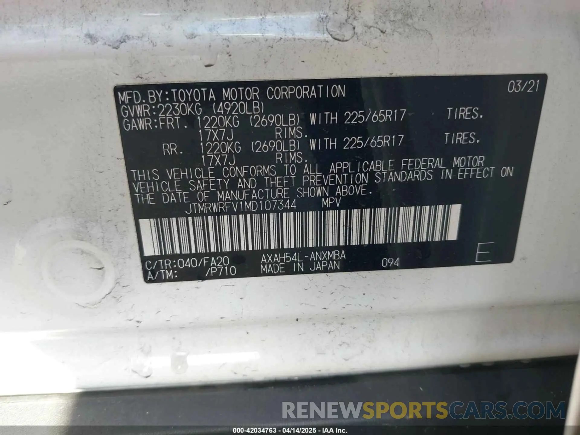 9 Фотография поврежденного автомобиля JTMRWRFV1MD107344 TOYOTA RAV4 HYBRID 2021