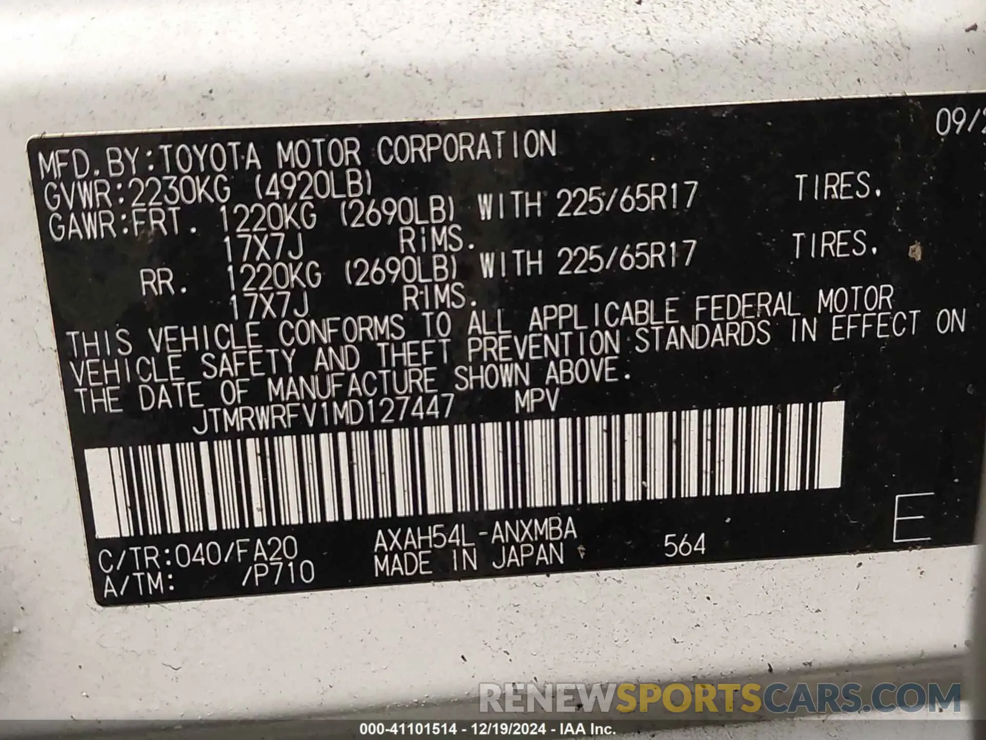 9 Фотография поврежденного автомобиля JTMRWRFV1MD127447 TOYOTA RAV4 HYBRID 2021