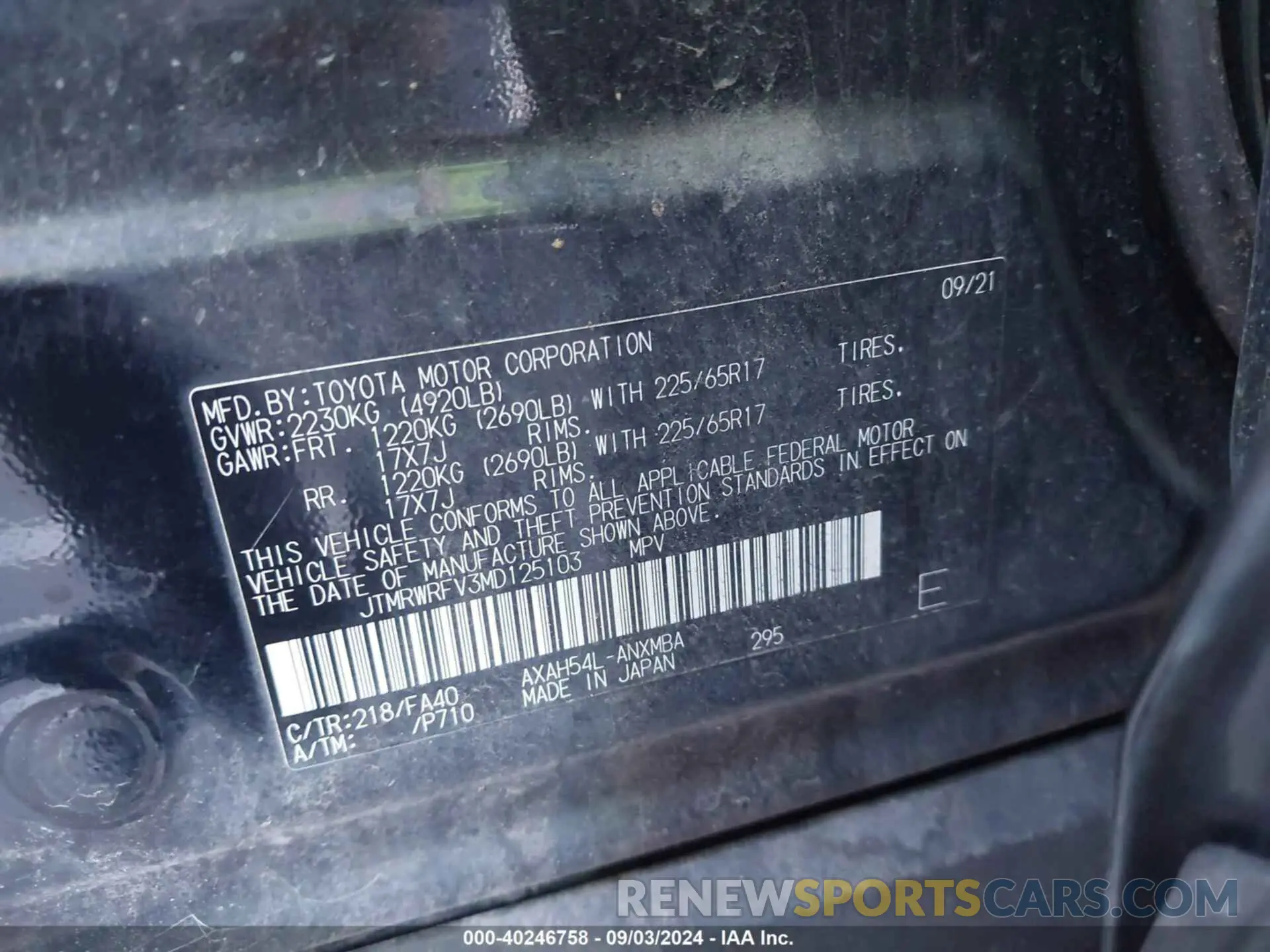 9 Photograph of a damaged car JTMRWRFV3MD125103 TOYOTA RAV4 HYBRID 2021