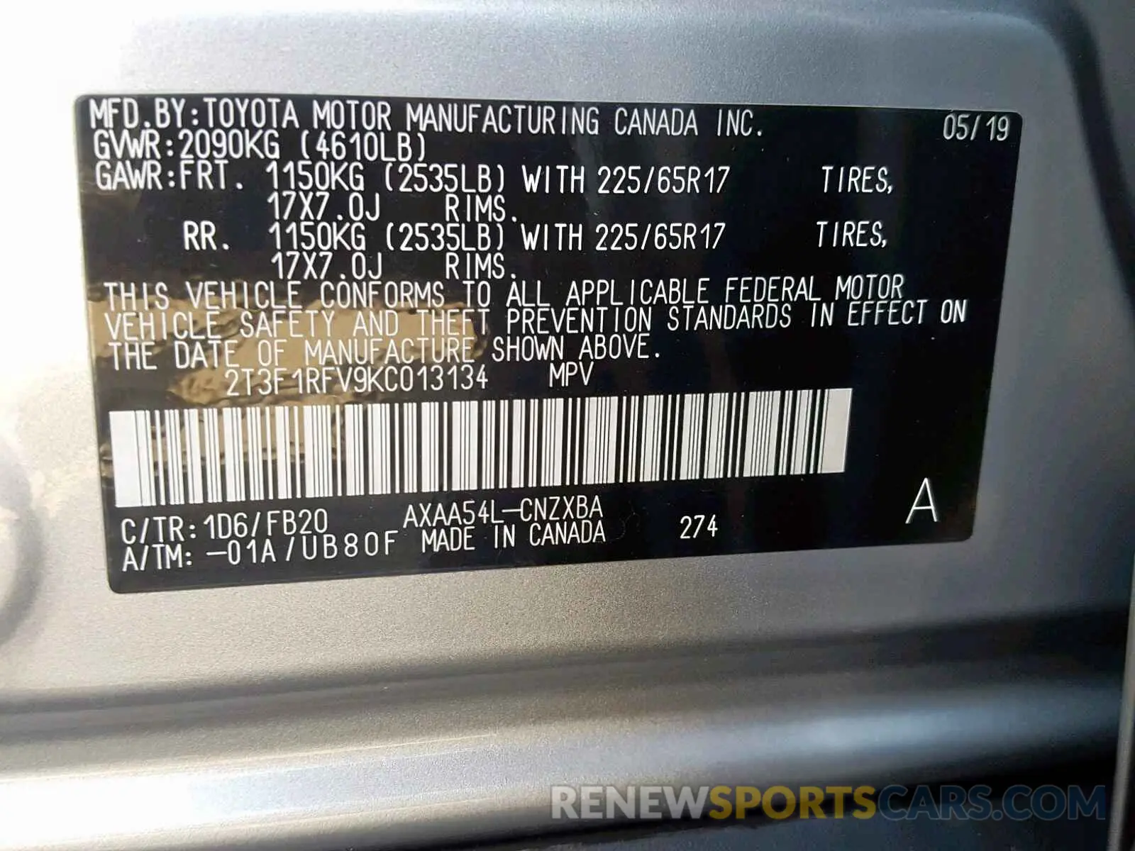 10 Photograph of a damaged car 2T3F1RFV9KC013134 TOYOTA RAV4 LE 2019