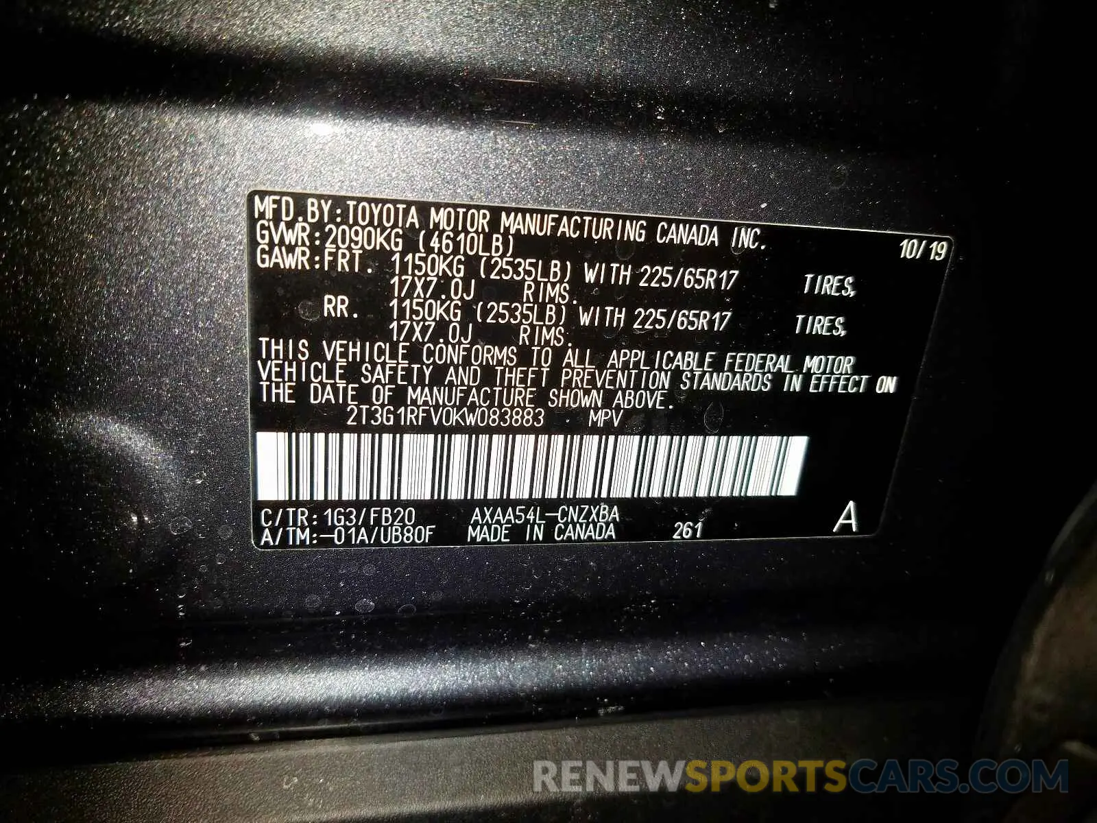 10 Фотография поврежденного автомобиля 2T3G1RFV0KW083883 TOYOTA RAV4 LE 2019