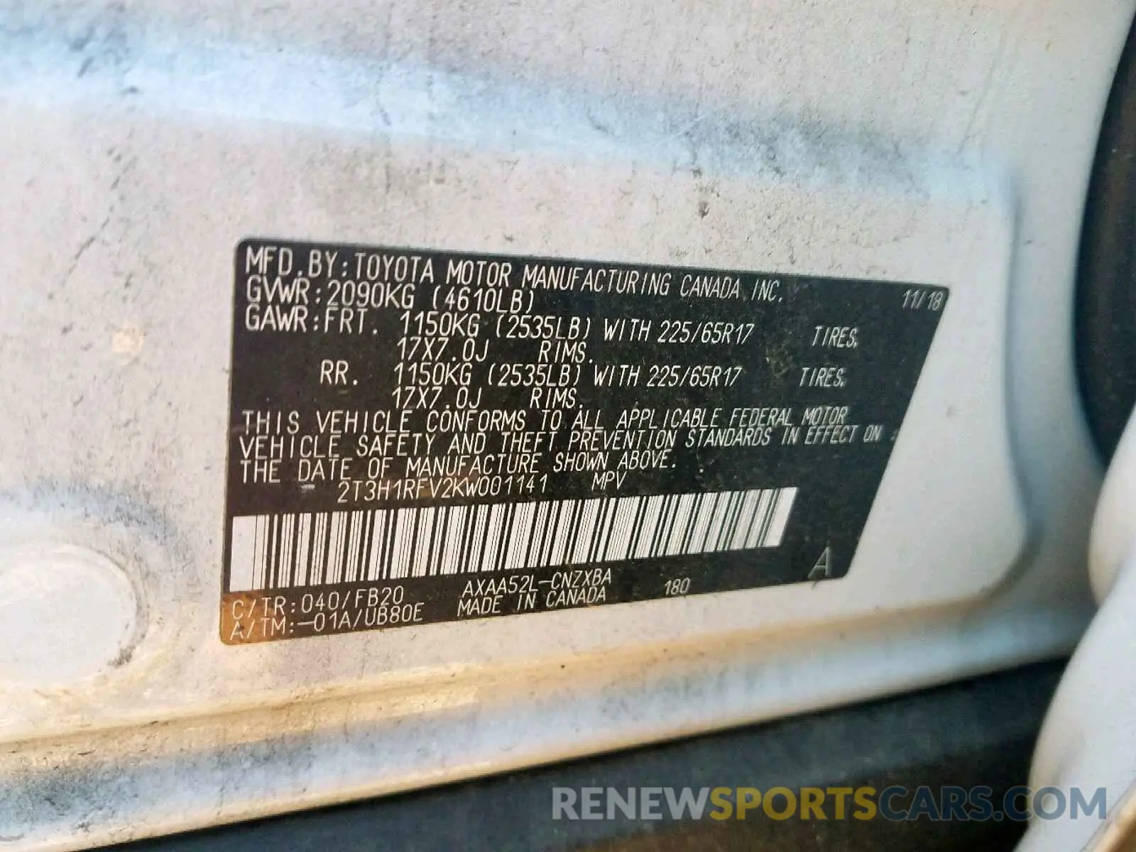 10 Фотография поврежденного автомобиля 2T3H1RFV2KW001141 TOYOTA RAV4 LE 2019
