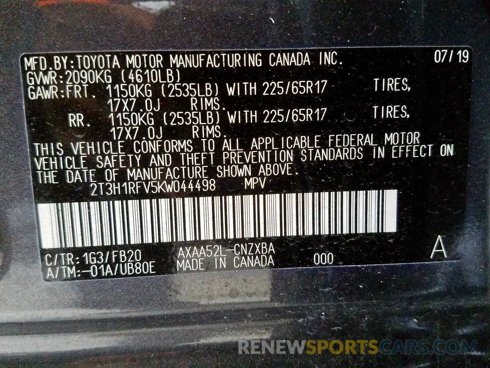 10 Фотография поврежденного автомобиля 2T3H1RFV5KW044498 TOYOTA RAV4 LE 2019