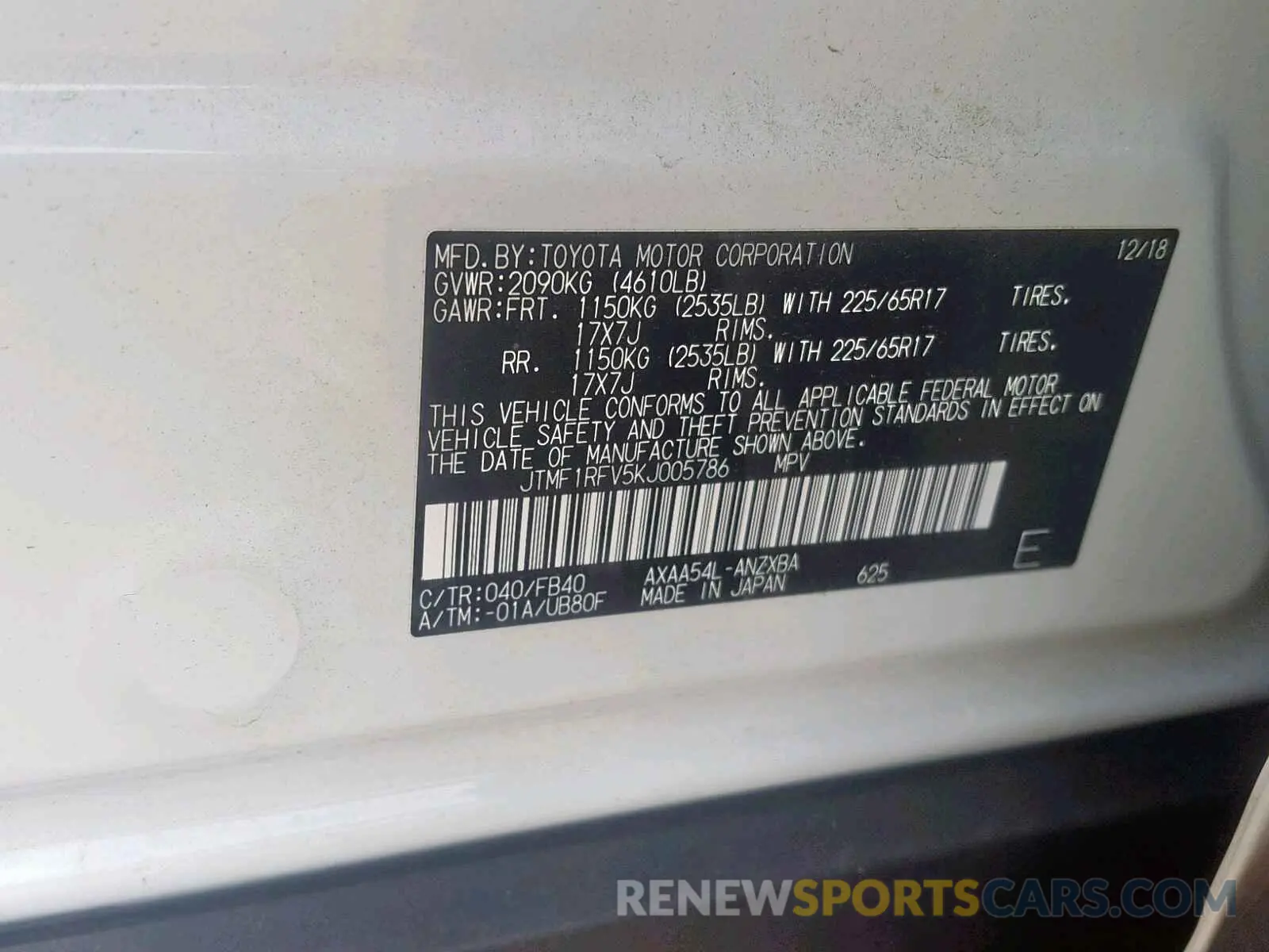 10 Photograph of a damaged car JTMF1RFV5KJ005786 TOYOTA RAV4 LE 2019