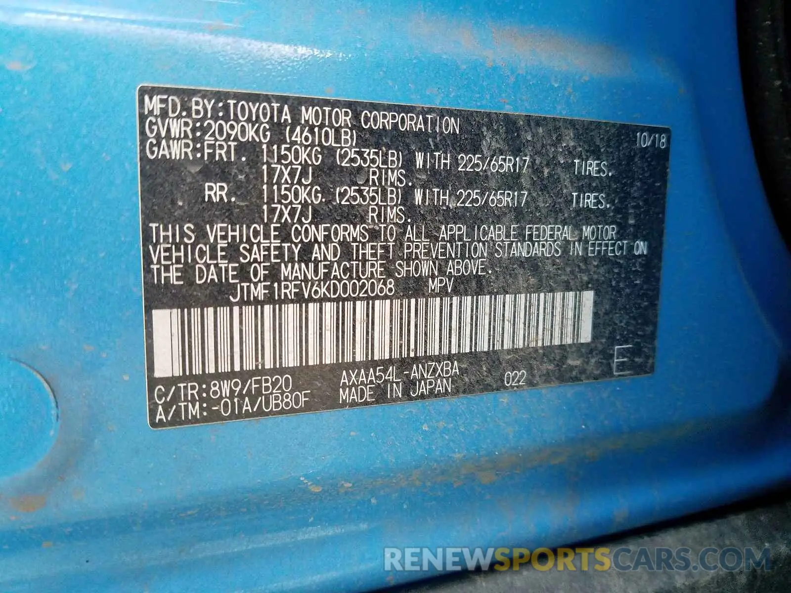 10 Фотография поврежденного автомобиля JTMF1RFV6KD002068 TOYOTA RAV4 LE 2019