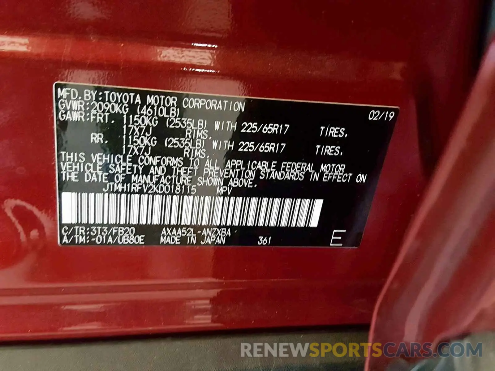 10 Фотография поврежденного автомобиля JTMH1RFV2KD018115 TOYOTA RAV4 LE 2019