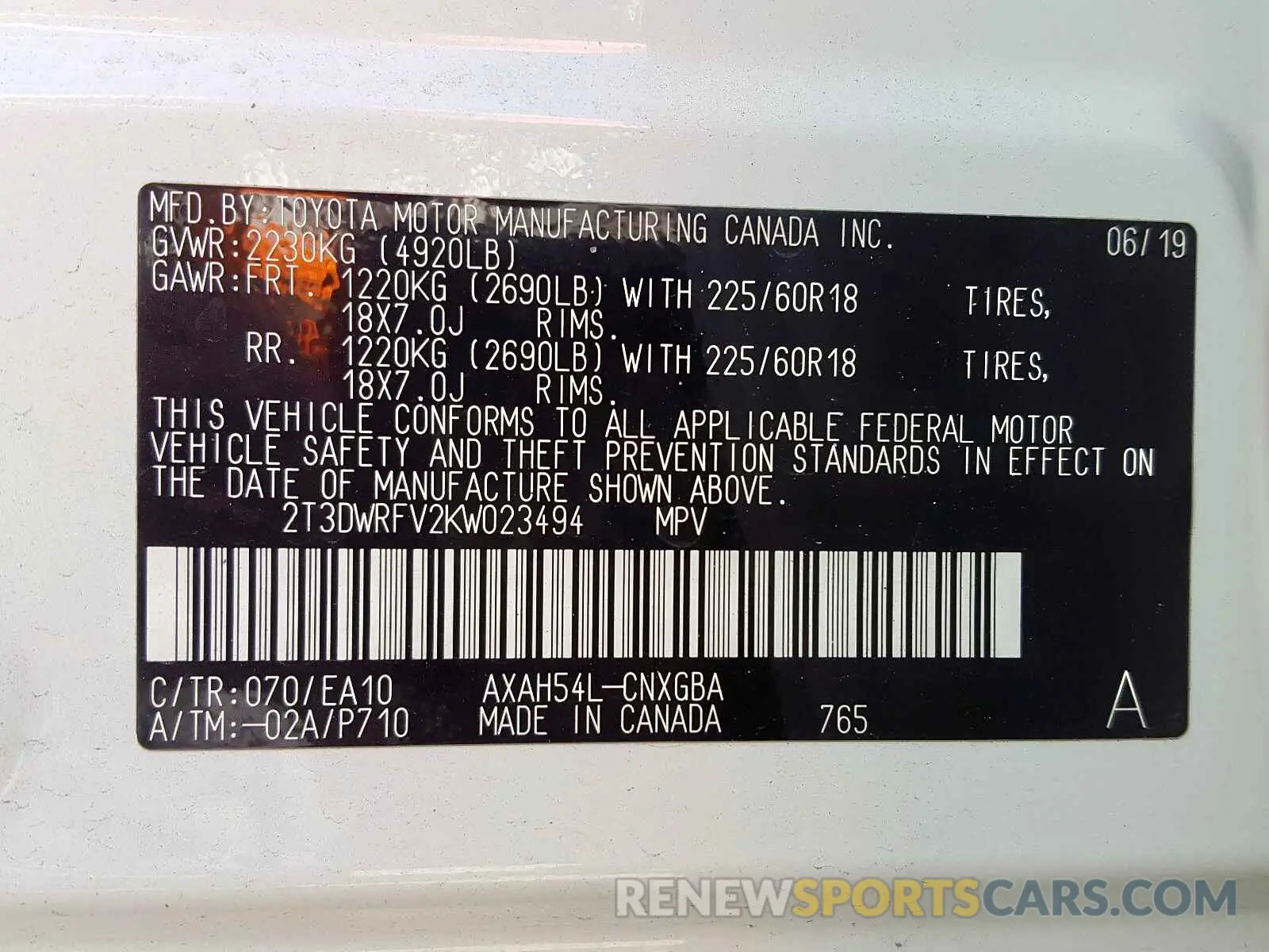 10 Фотография поврежденного автомобиля 2T3DWRFV2KW023494 TOYOTA RAV4 LIMIT 2019