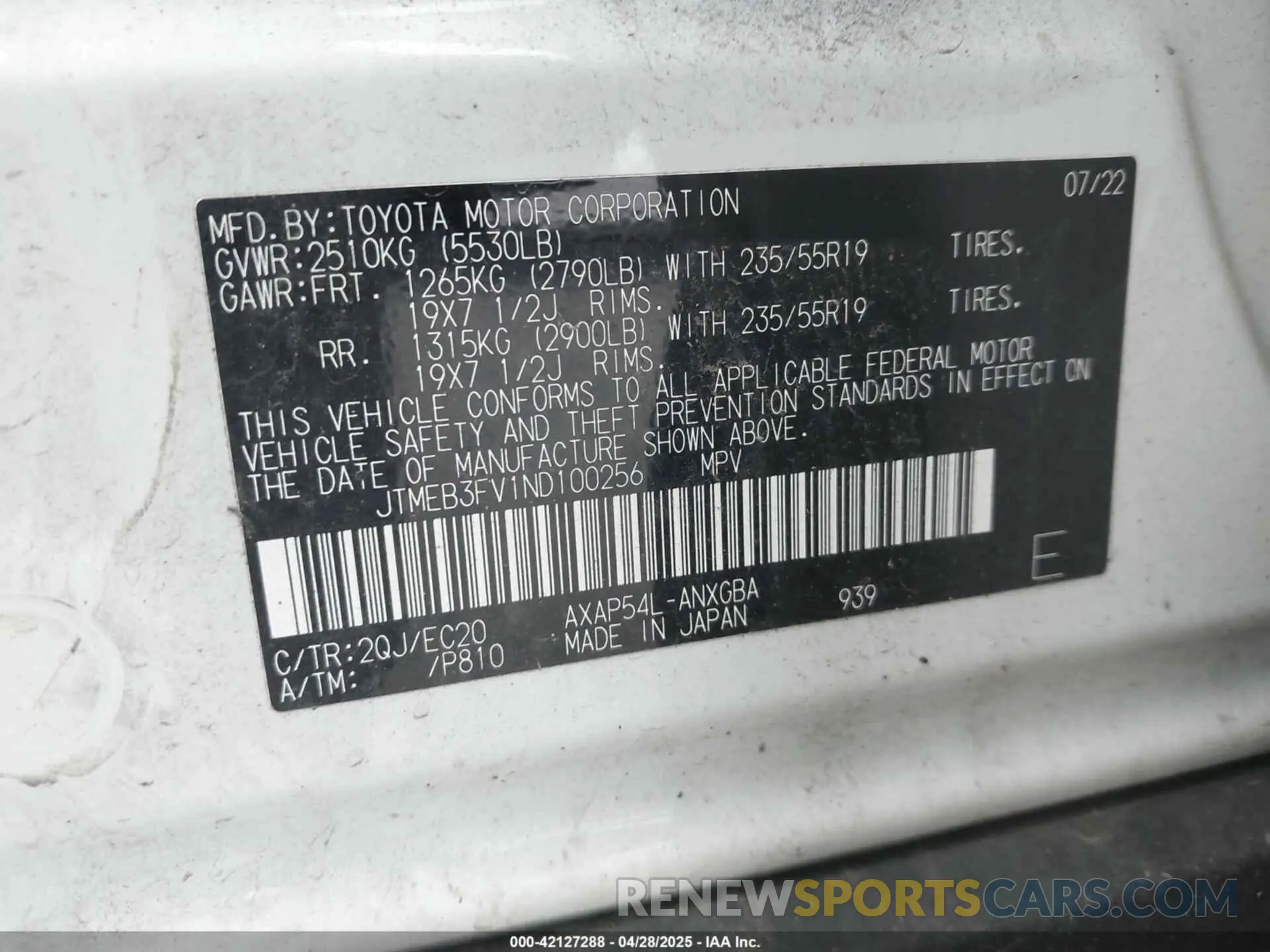 9 Photograph of a damaged car JTMEB3FV1ND100256 TOYOTA RAV4 PRIME 2022