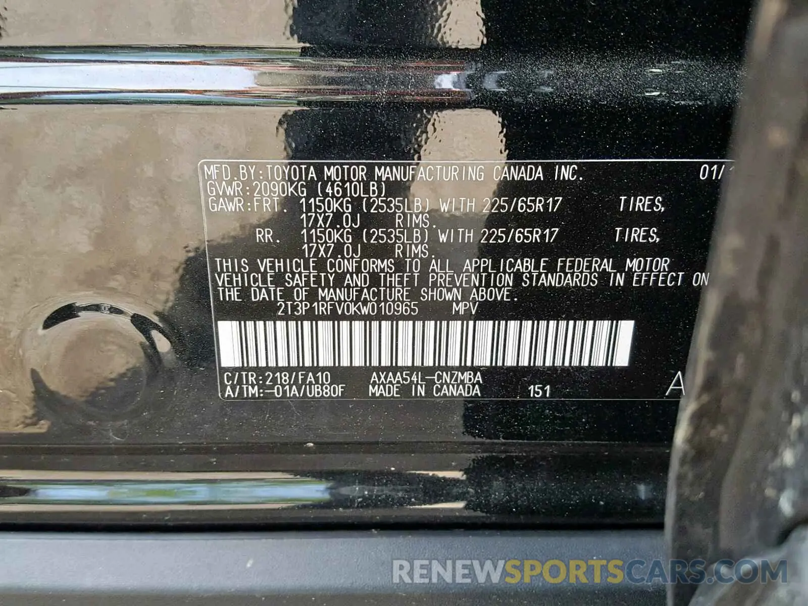 10 Photograph of a damaged car 2T3P1RFV0KW010965 TOYOTA RAV4 XLE 2019