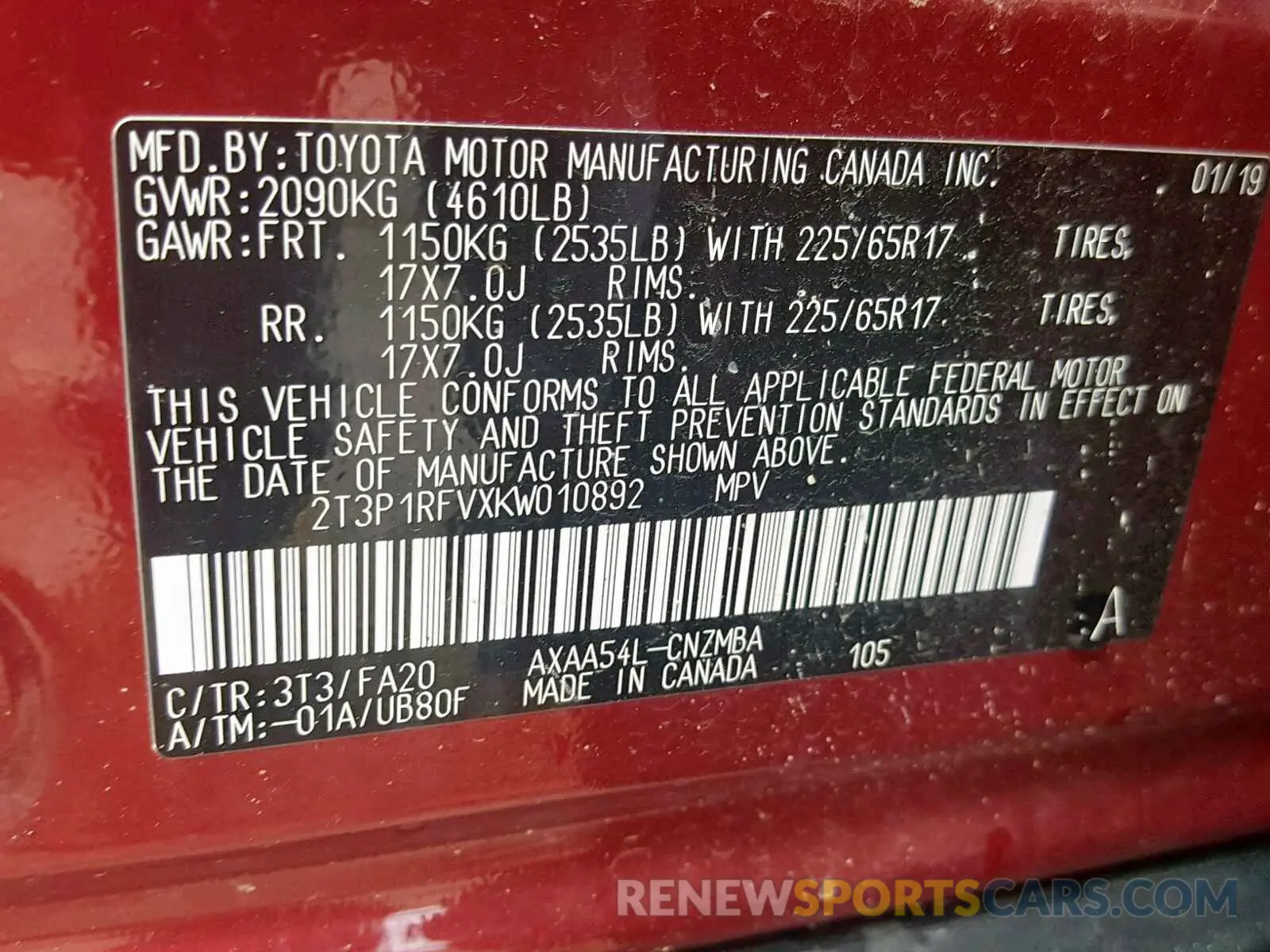 10 Photograph of a damaged car 2T3P1RFVXKW010892 TOYOTA RAV4 XLE 2019