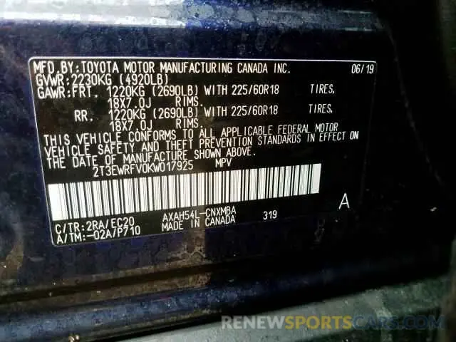 10 Photograph of a damaged car 2T3EWRFV0KW017925 TOYOTA RAV4 XSE 2019