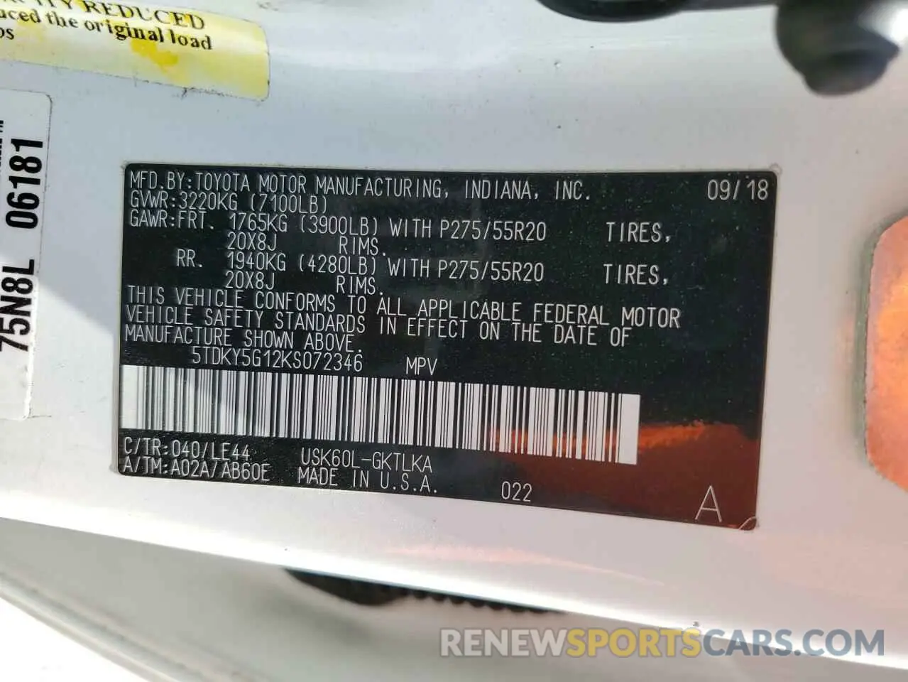 15 Photograph of a damaged car 5TDKY5G12KS072346 TOYOTA SEQUOIA 2019