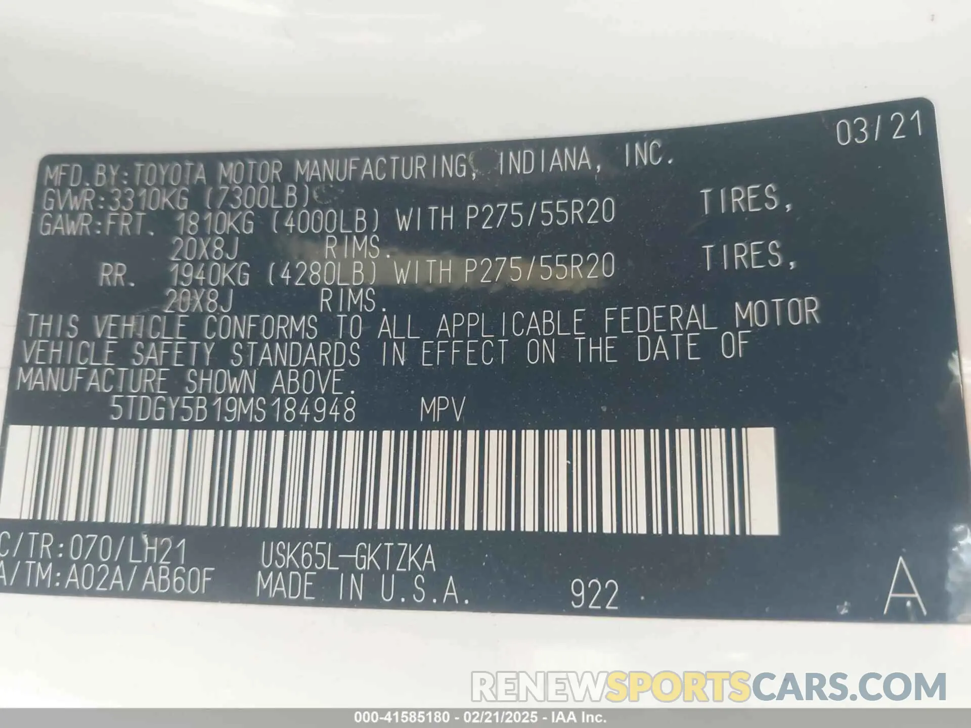 9 Фотография поврежденного автомобиля 5TDGY5B19MS184948 TOYOTA SEQUOIA 2021