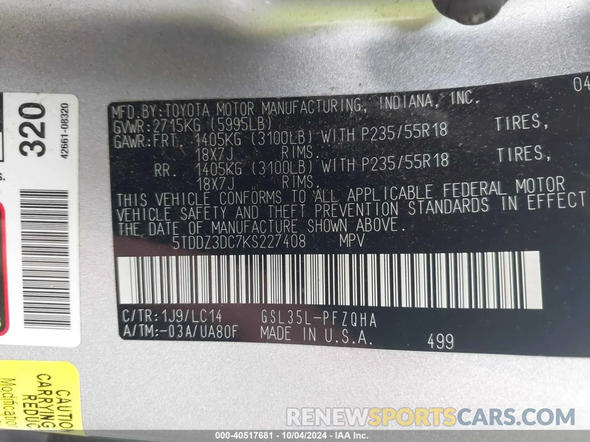 9 Photograph of a damaged car 5TDDZ3DC7KS227408 TOYOTA SIENNA 2019