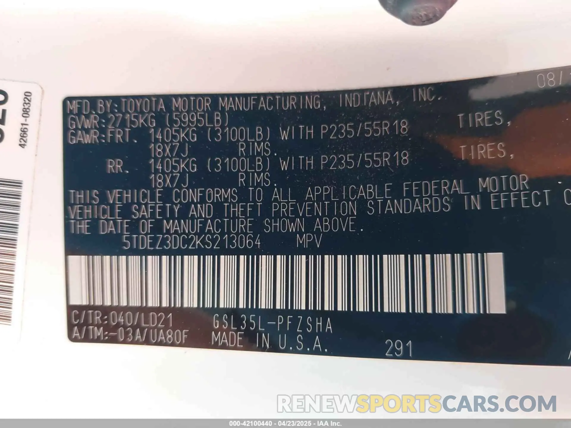 9 Фотография поврежденного автомобиля 5TDEZ3DC2KS213064 TOYOTA SIENNA 2019