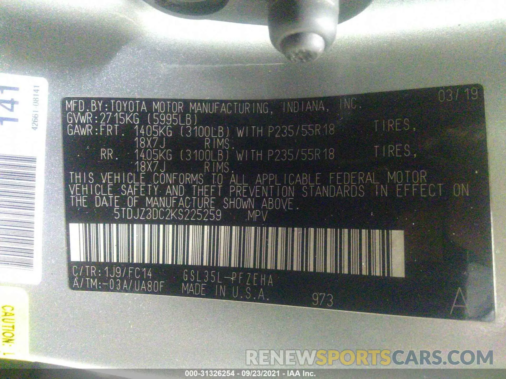 9 Photograph of a damaged car 5TDJZ3DC2KS225259 TOYOTA SIENNA 2019