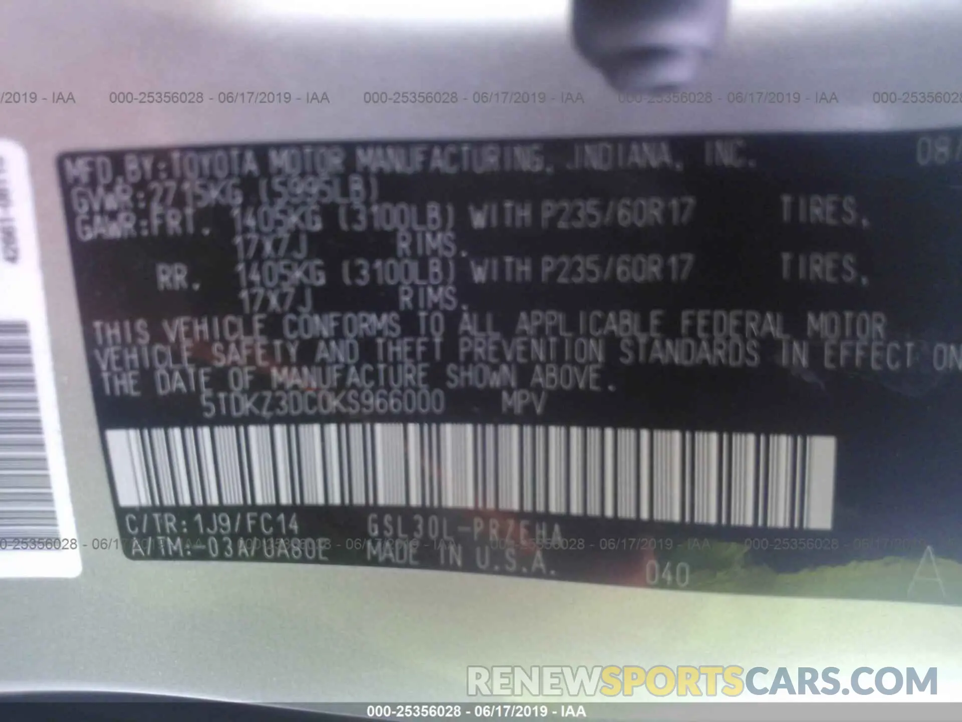 9 Photograph of a damaged car 5TDKZ3DC0KS966000 TOYOTA SIENNA 2019