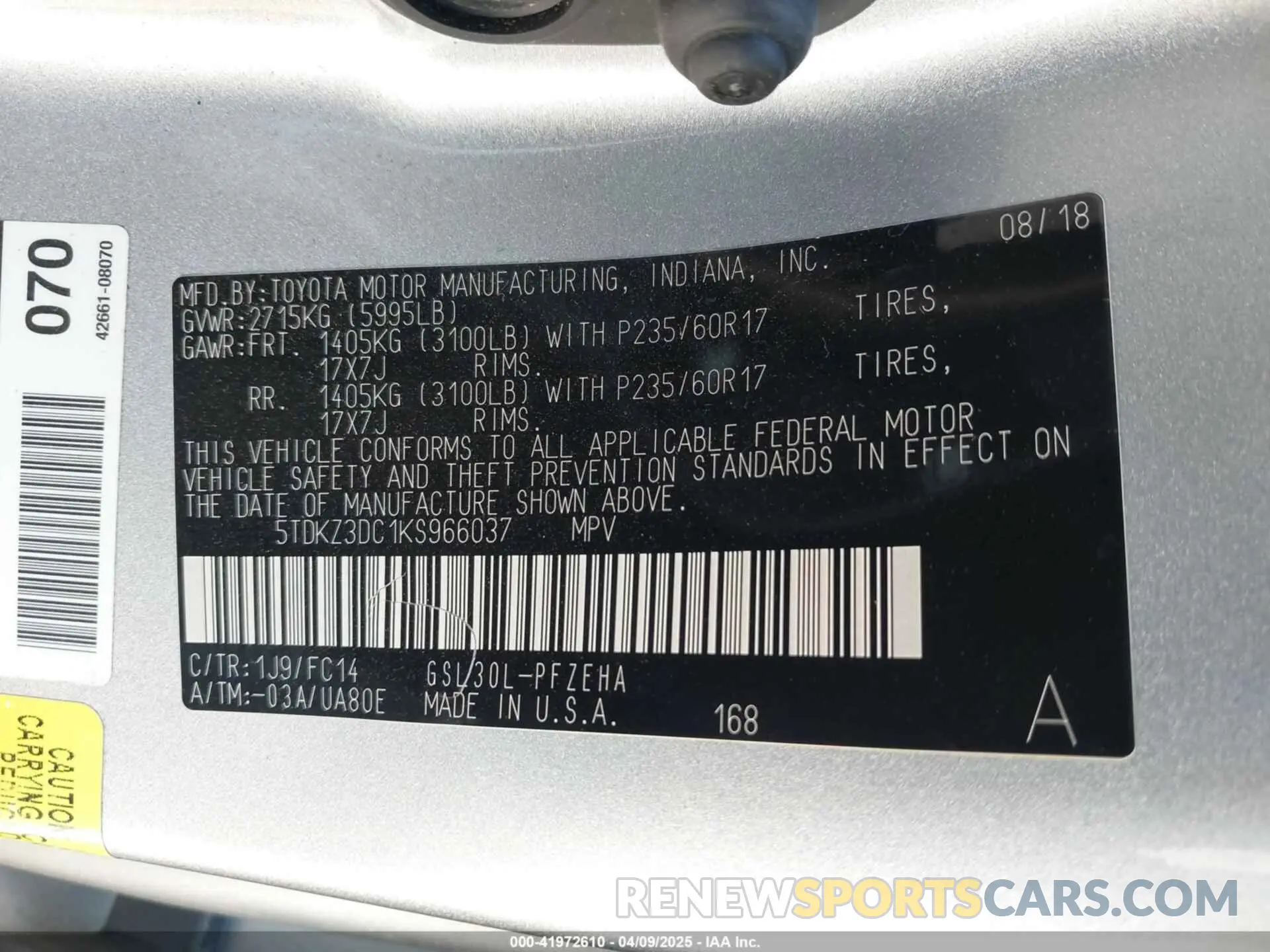 9 Photograph of a damaged car 5TDKZ3DC1KS966037 TOYOTA SIENNA 2019
