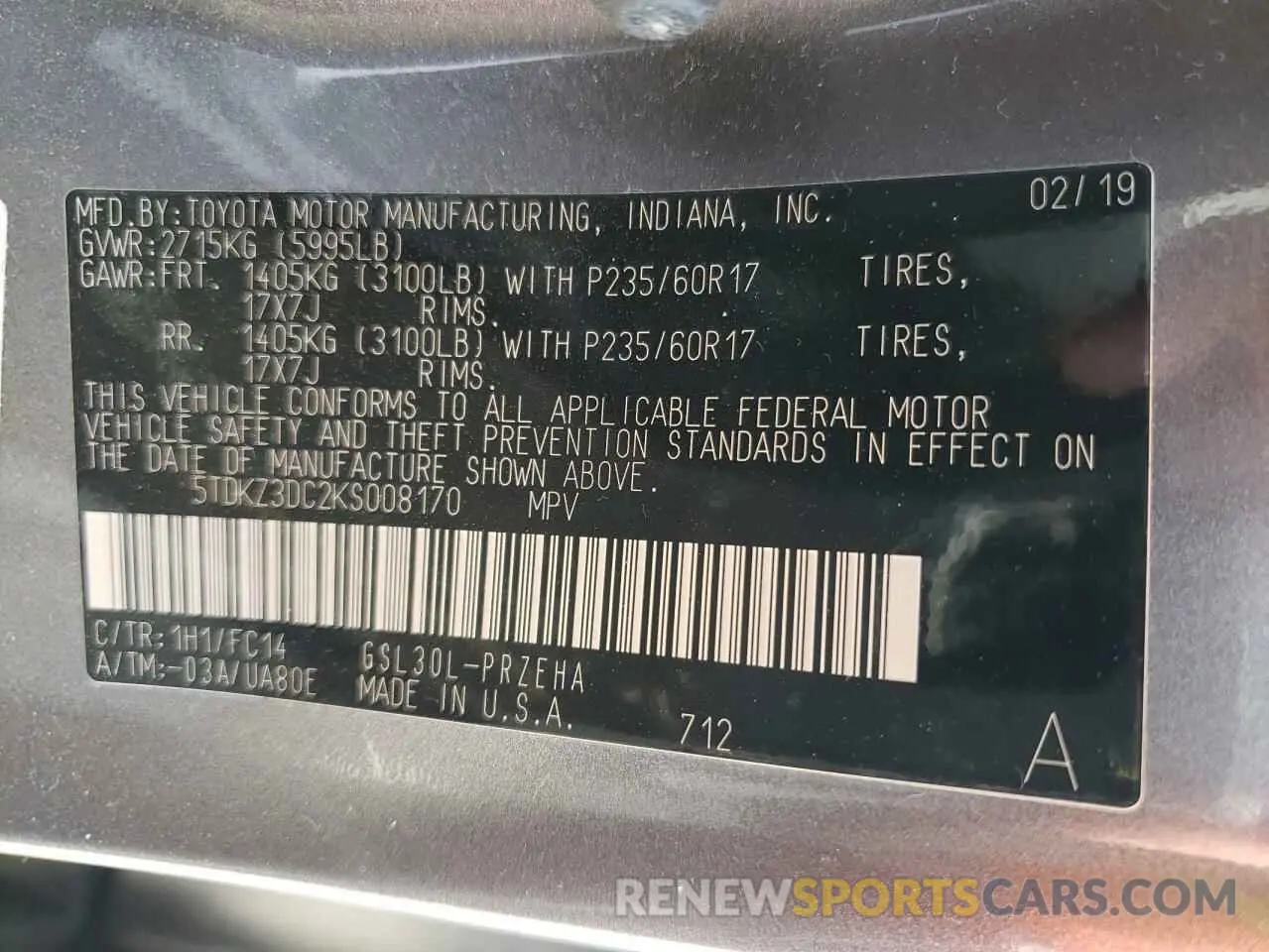 10 Photograph of a damaged car 5TDKZ3DC2KS008170 TOYOTA SIENNA 2019