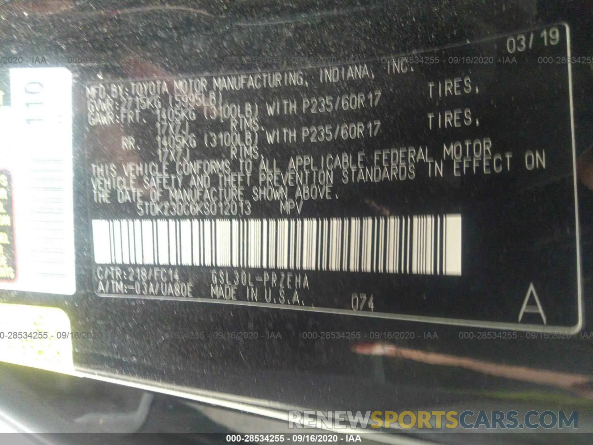 9 Photograph of a damaged car 5TDKZ3DC6KS012013 TOYOTA SIENNA 2019
