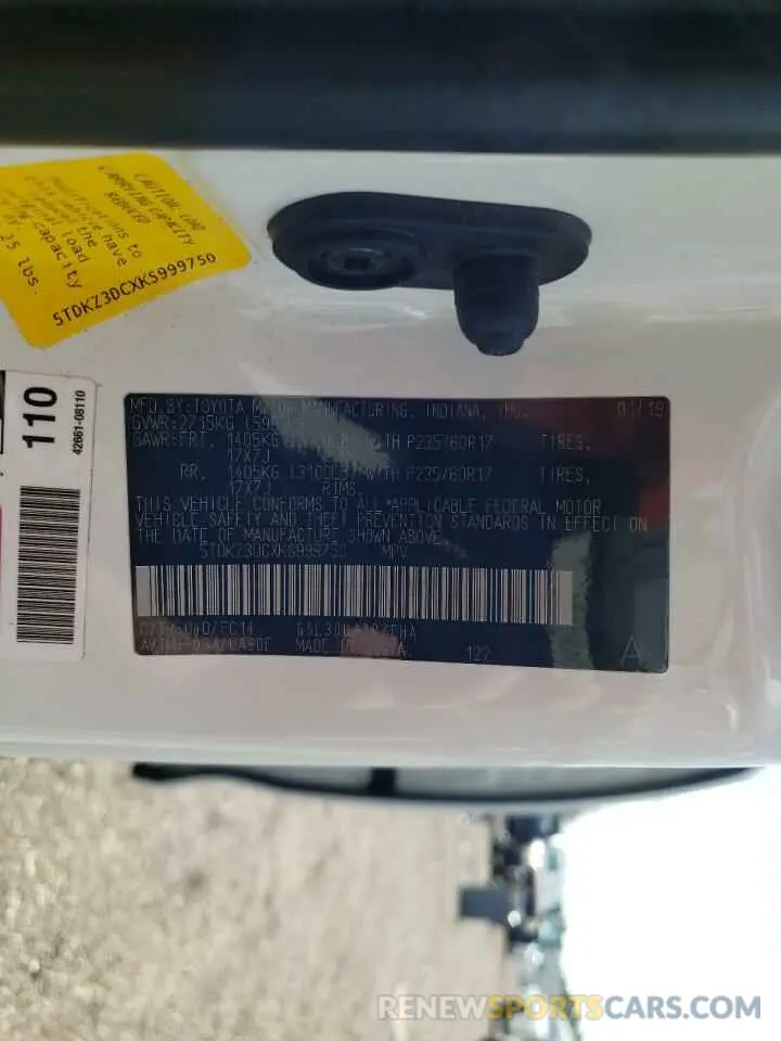 10 Photograph of a damaged car 5TDKZ3DCXKS999750 TOYOTA SIENNA 2019
