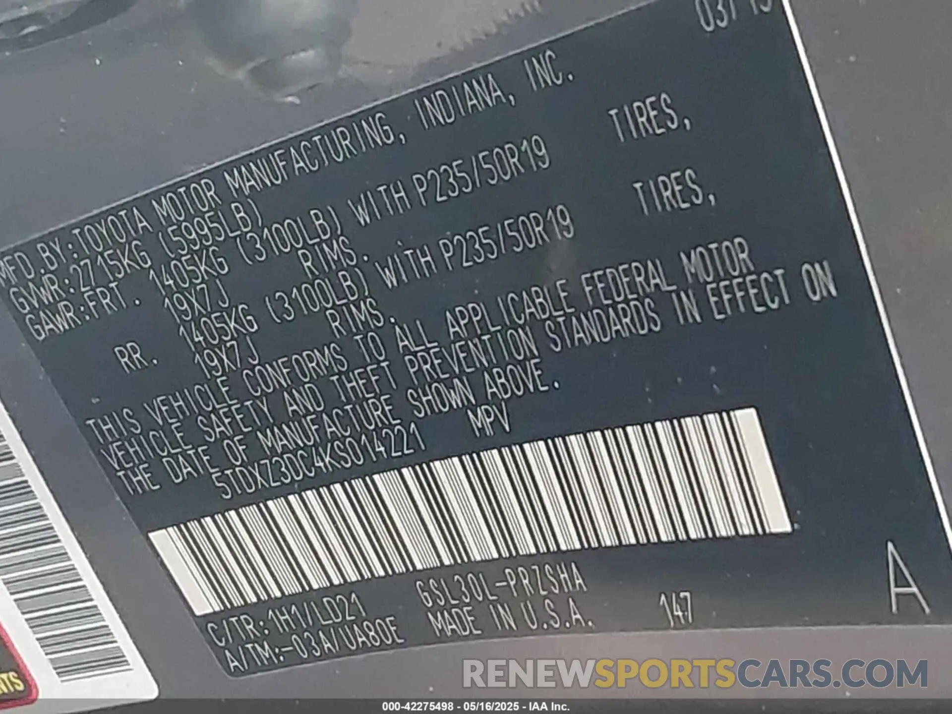 9 Фотография поврежденного автомобиля 5TDXZ3DC4KS014221 TOYOTA SIENNA 2019
