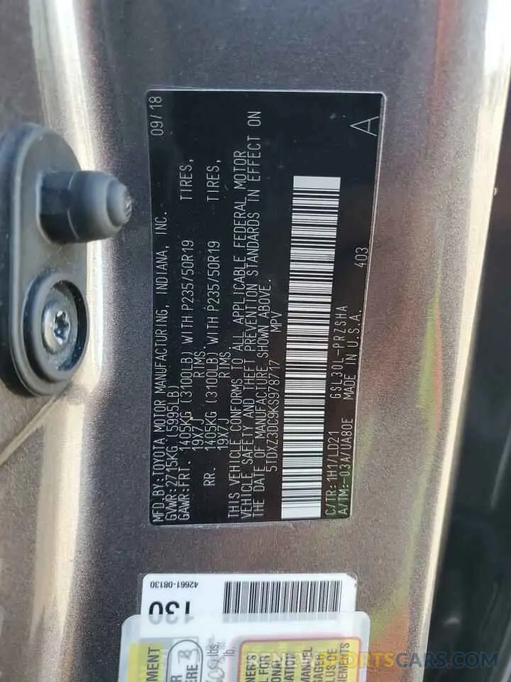 13 Фотография поврежденного автомобиля 5TDXZ3DC9KS978717 TOYOTA SIENNA 2019