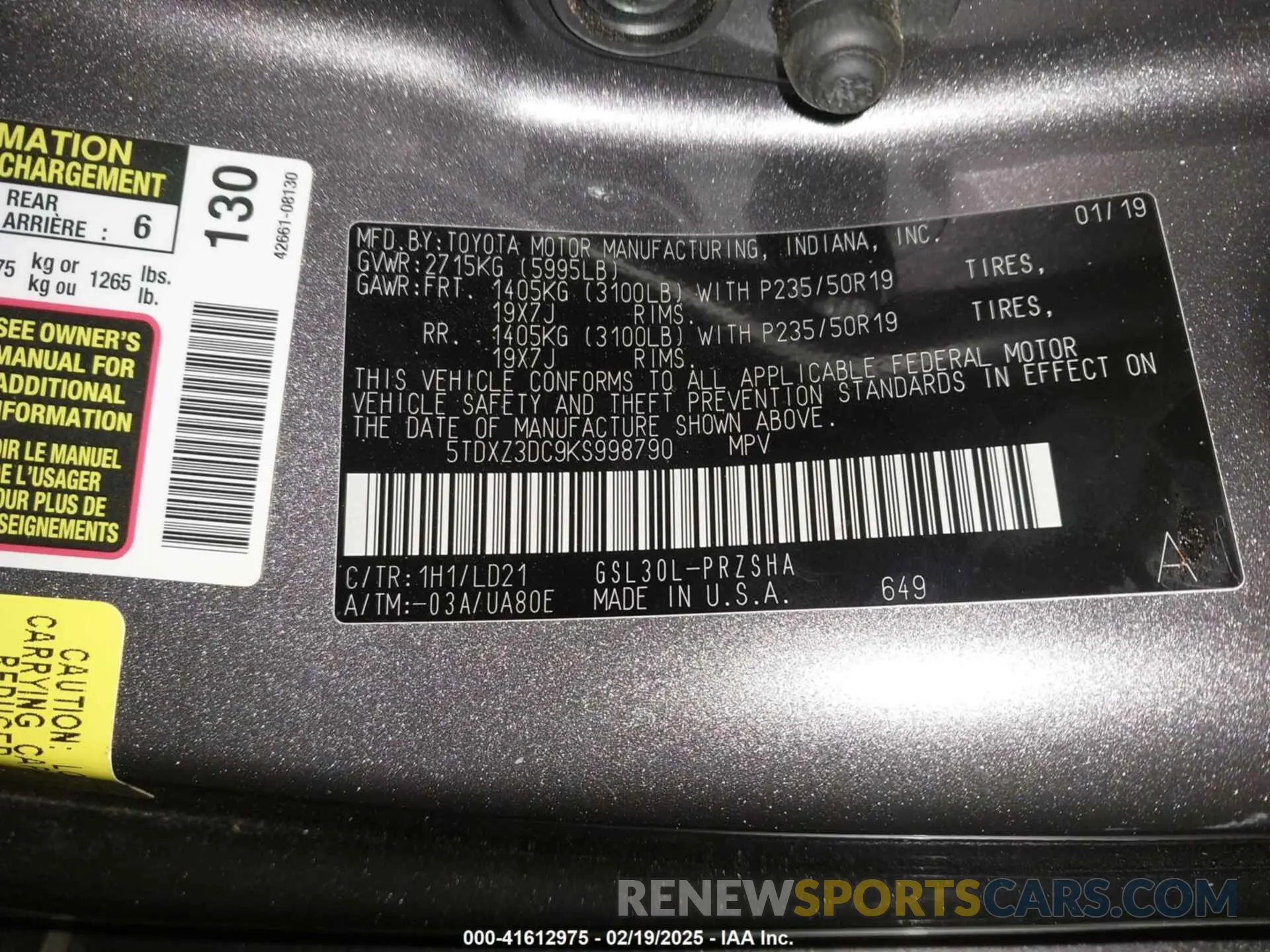 9 Фотография поврежденного автомобиля 5TDXZ3DC9KS998790 TOYOTA SIENNA 2019