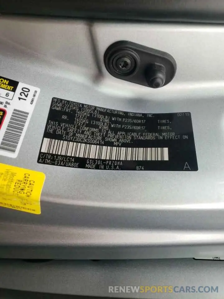 10 Photograph of a damaged car 5TDYZ3DC2KS006414 TOYOTA SIENNA 2019