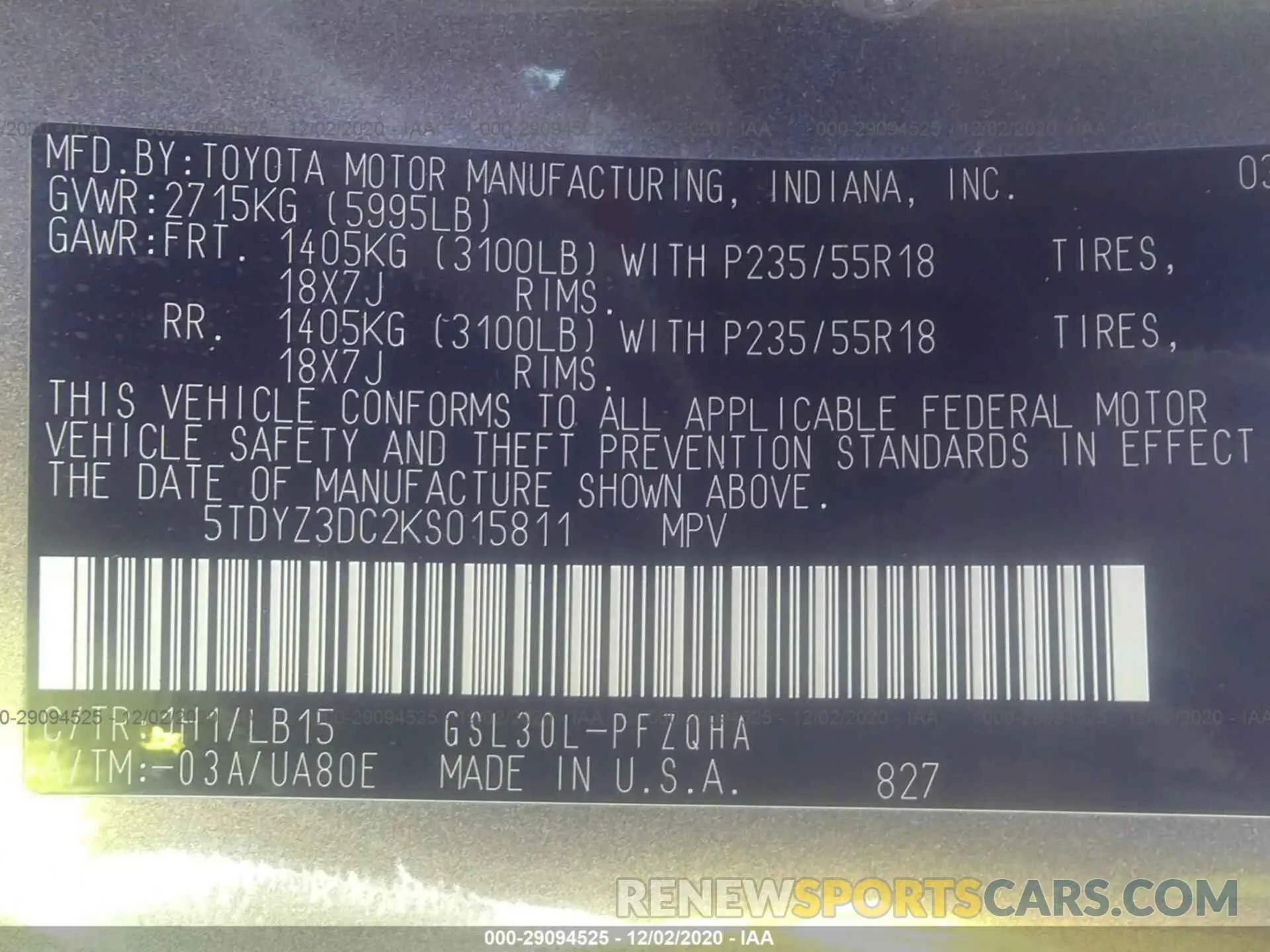 9 Photograph of a damaged car 5TDYZ3DC2KS015811 TOYOTA SIENNA 2019