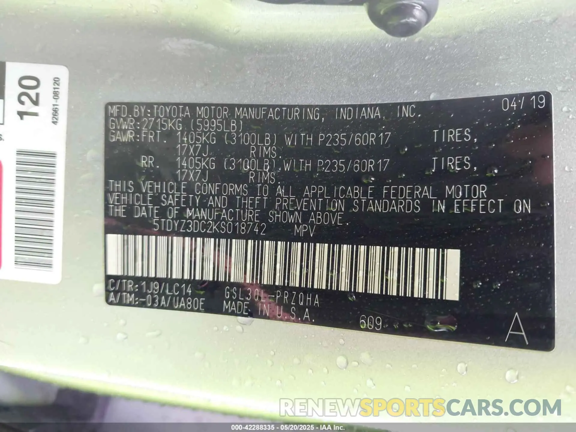 9 Photograph of a damaged car 5TDYZ3DC2KS018742 TOYOTA SIENNA 2019