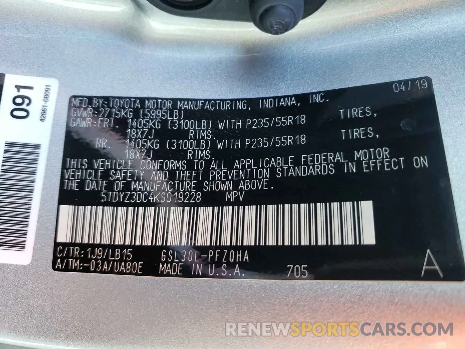 10 Photograph of a damaged car 5TDYZ3DC4KS019228 TOYOTA SIENNA 2019