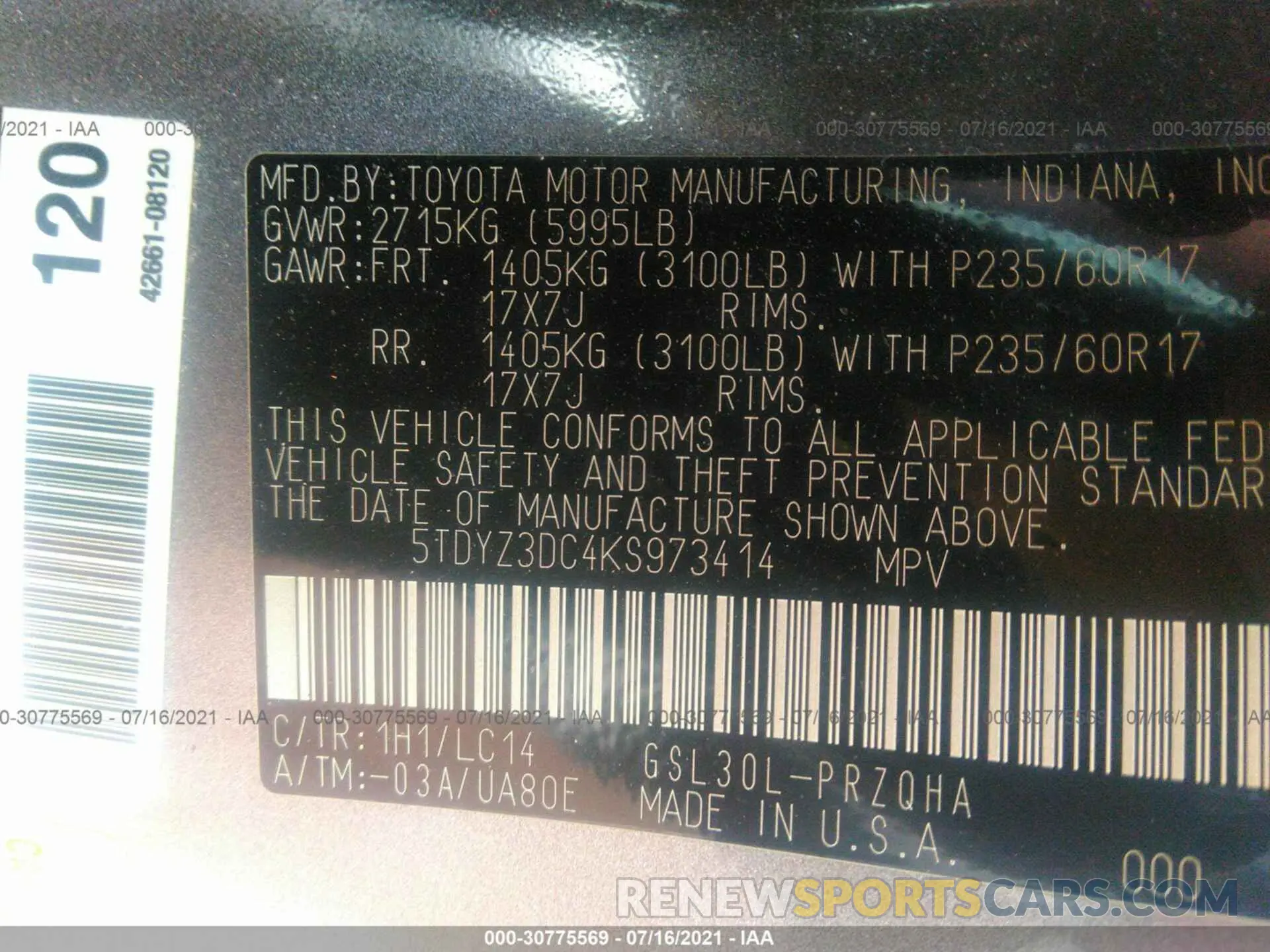 9 Фотография поврежденного автомобиля 5TDYZ3DC4KS973414 TOYOTA SIENNA 2019