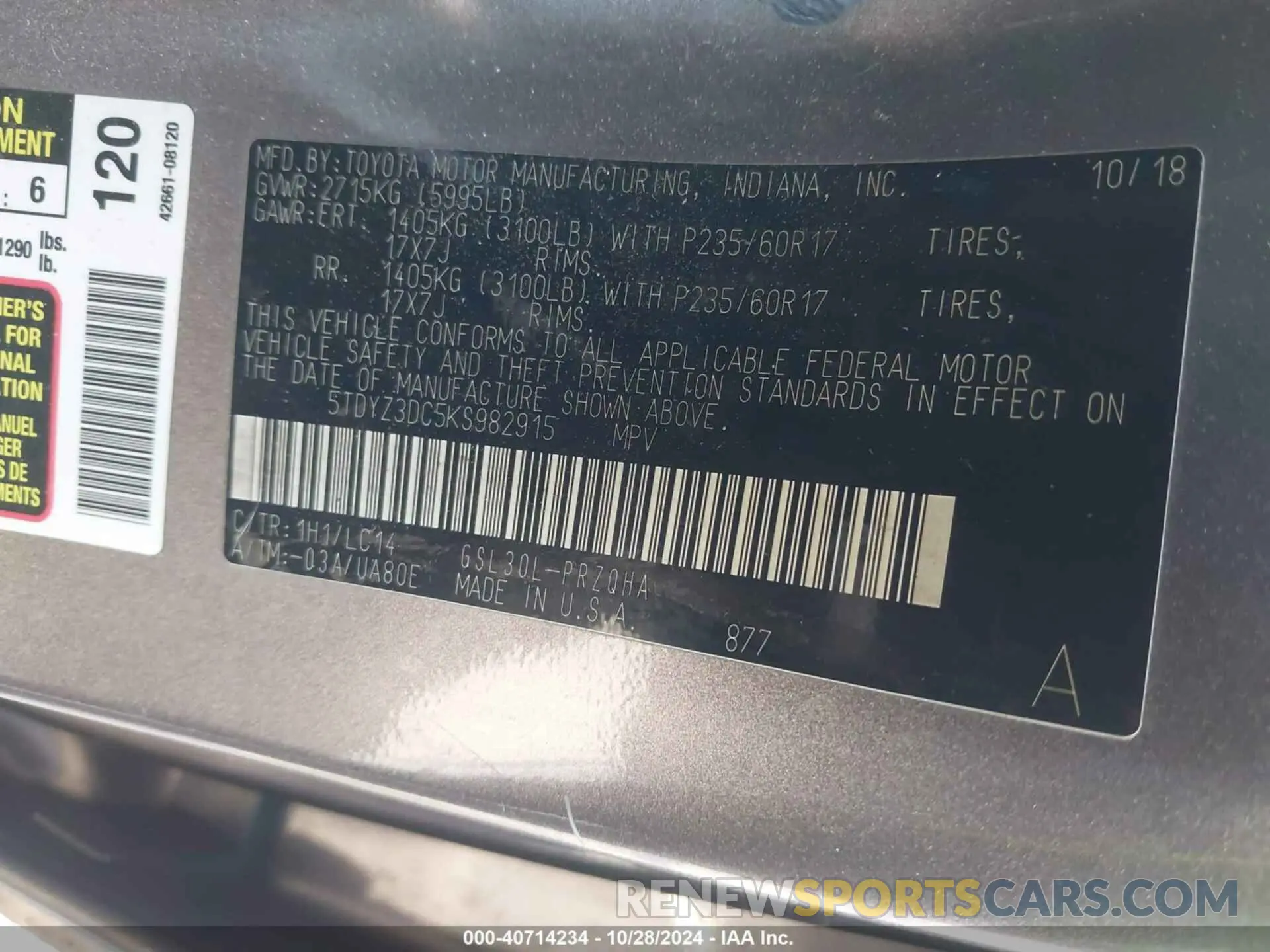 9 Фотография поврежденного автомобиля 5TDYZ3DC5KS982915 TOYOTA SIENNA 2019