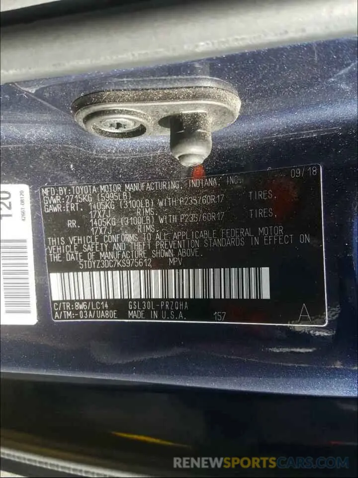 10 Photograph of a damaged car 5TDYZ3DC7KS975612 TOYOTA SIENNA 2019
