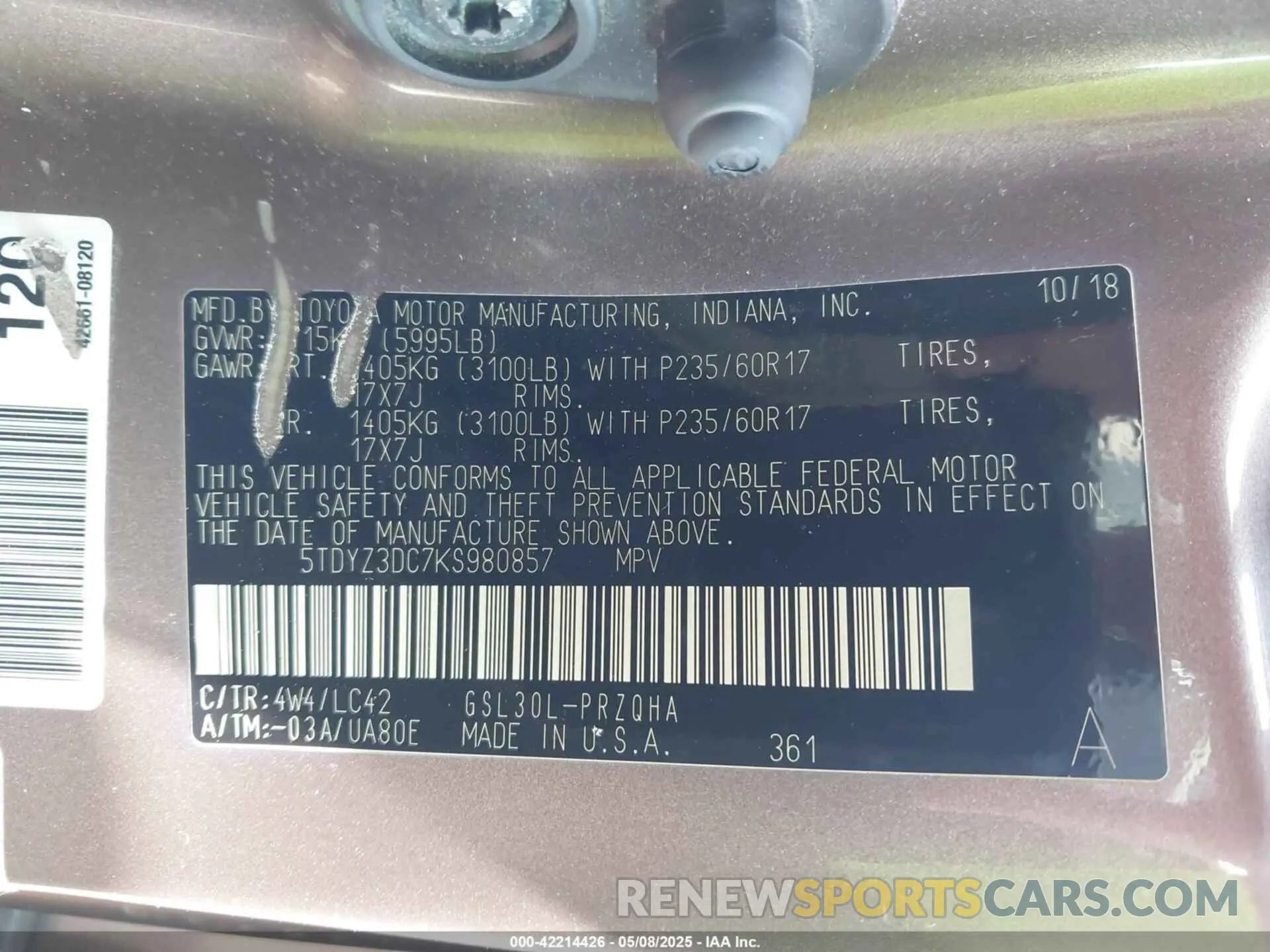 9 Photograph of a damaged car 5TDYZ3DC7KS980857 TOYOTA SIENNA 2019