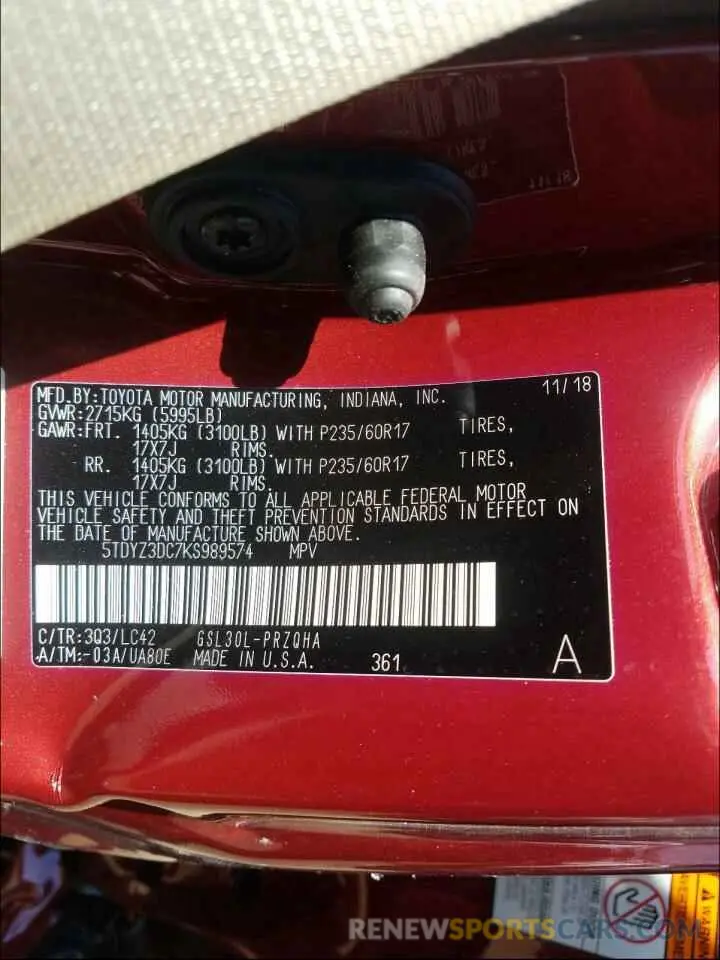 10 Photograph of a damaged car 5TDYZ3DC7KS989574 TOYOTA SIENNA 2019