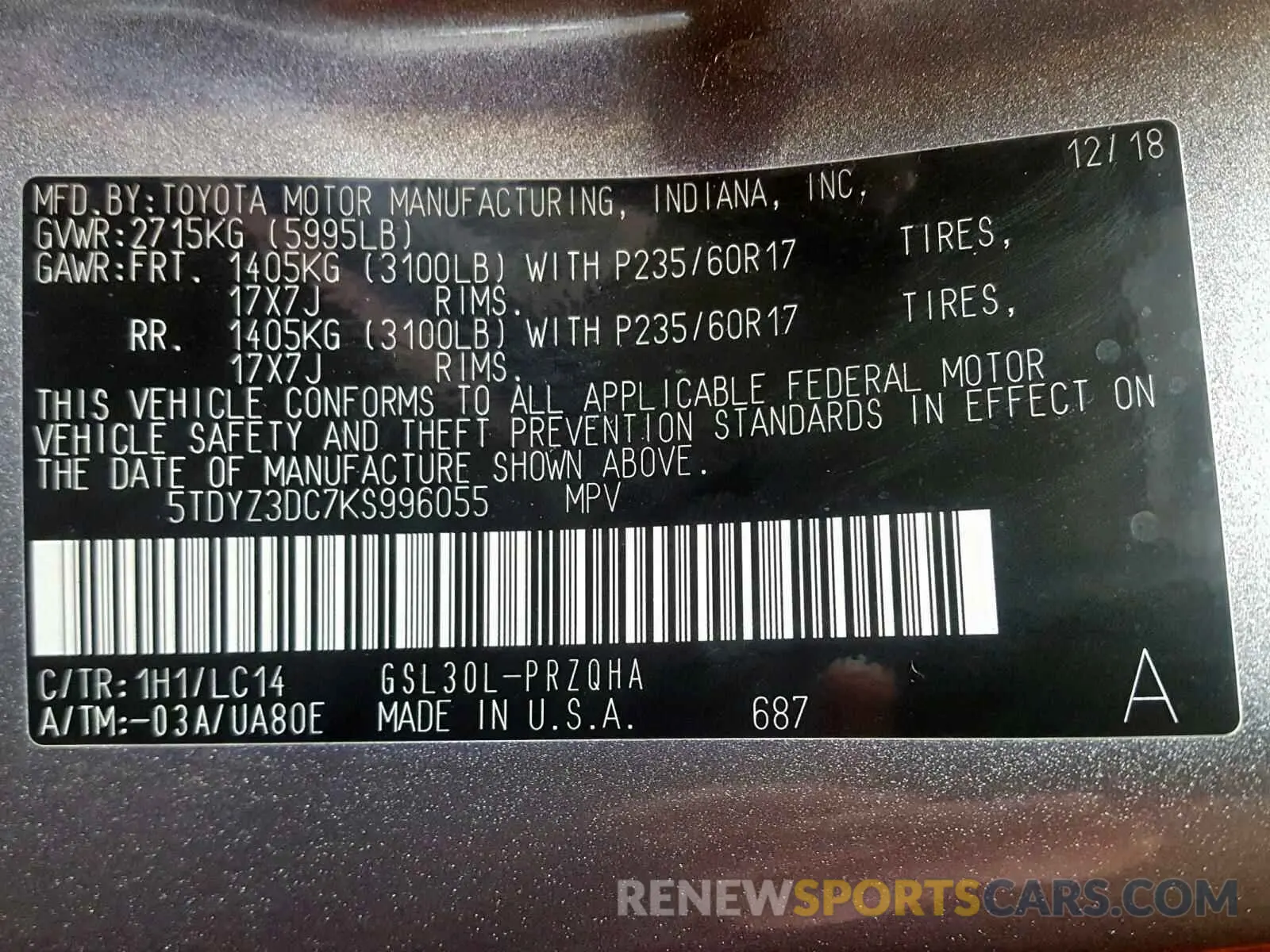 10 Photograph of a damaged car 5TDYZ3DC7KS996055 TOYOTA SIENNA 2019