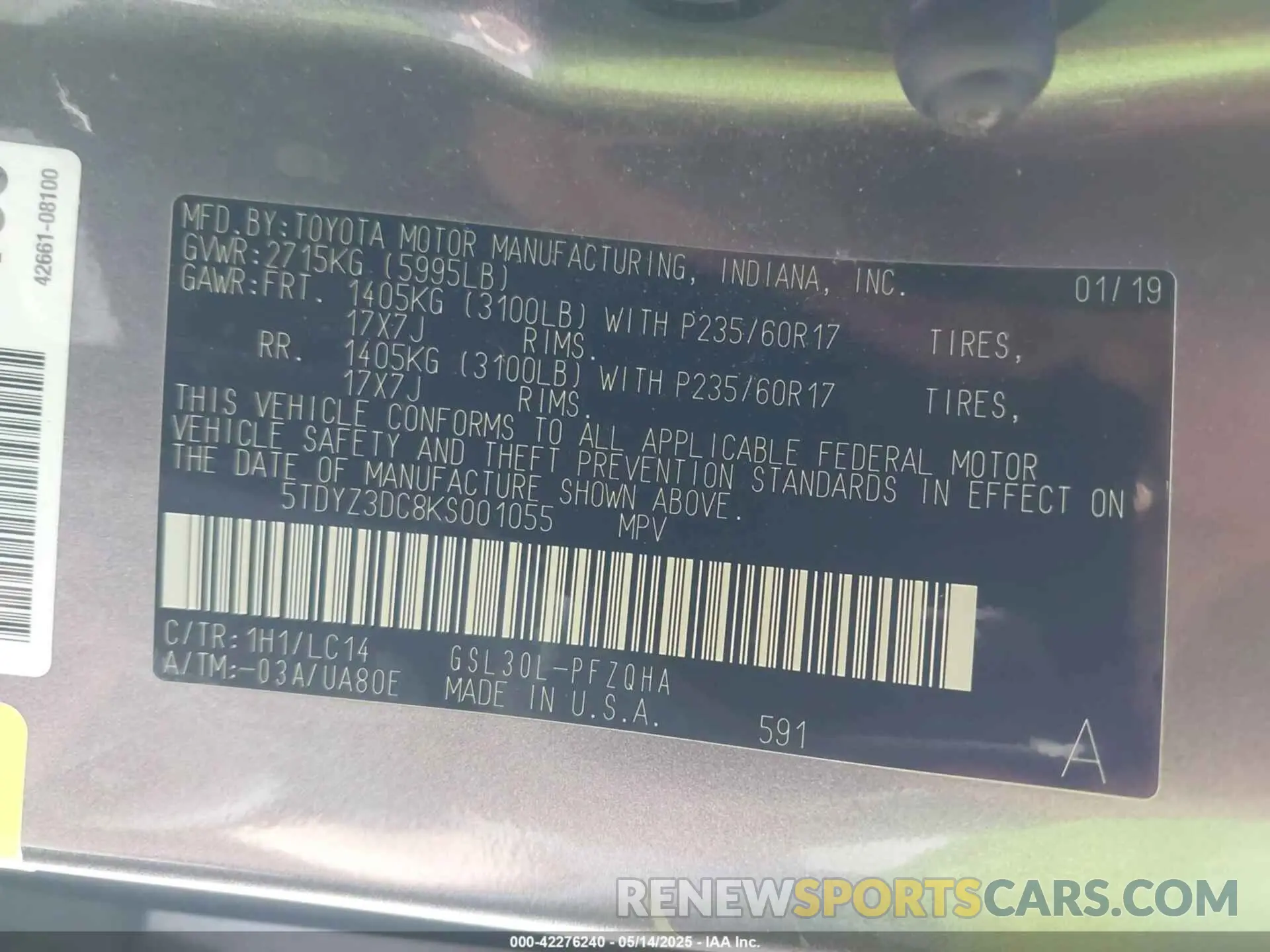 9 Фотография поврежденного автомобиля 5TDYZ3DC8KS001055 TOYOTA SIENNA 2019